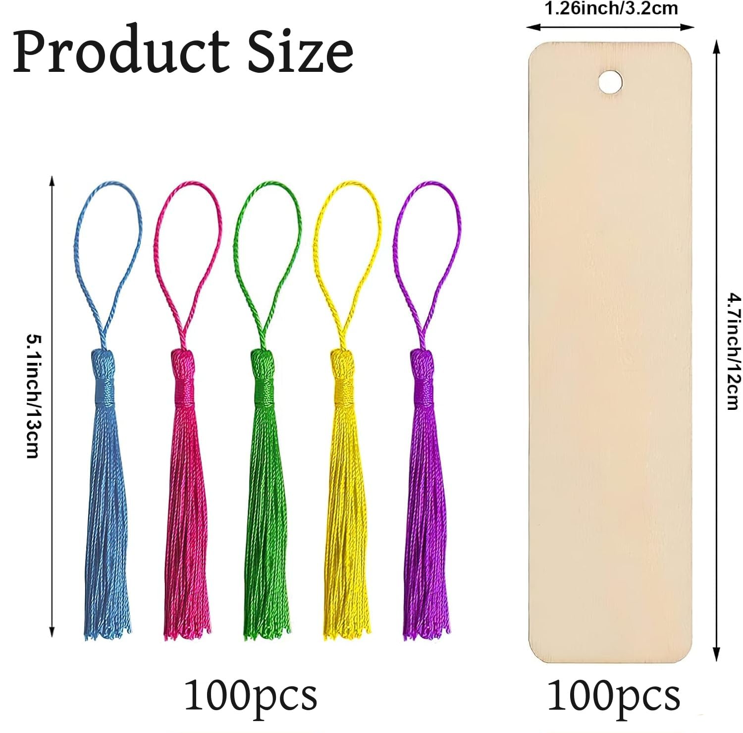 Bicuces 200 Pcs Bookmarks Wooden Bookmarks Blank Book Marks Bookmark Making Kit 100 Pcs Blank Unfinished Wood Book Marks and 100 Pcs Tassels, Wood Gift Tags for Reading, Christmas, Wedding, Birthday