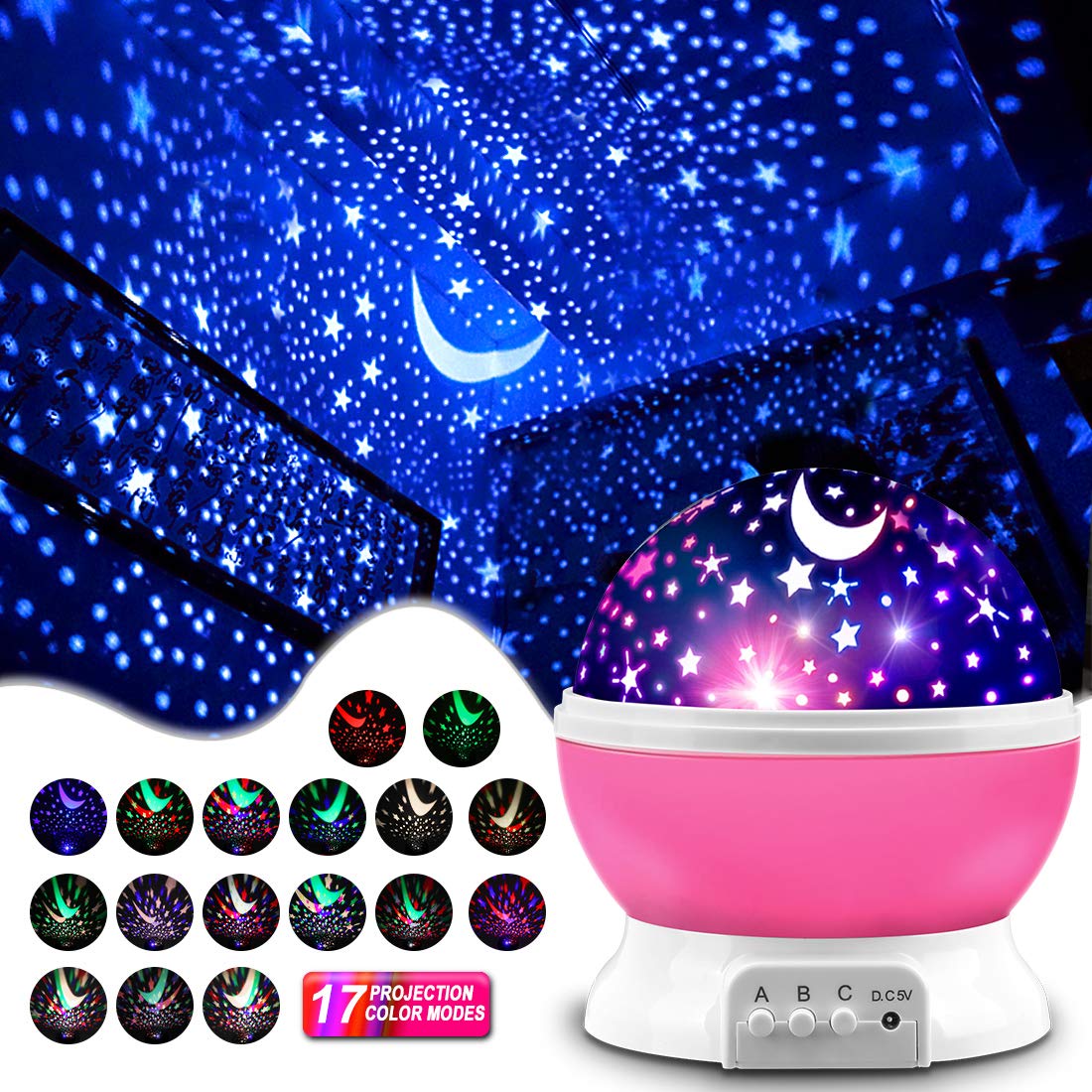 MOKOQI Star Projector Night Lights for Kids, Fun Gifts for 1-4-6-14 Year Old Girl and Boy, Projection Lamp for Kids Bedroom, Glow in The Dark Stars and Moon for Child Asleep Peacefully (Pink)