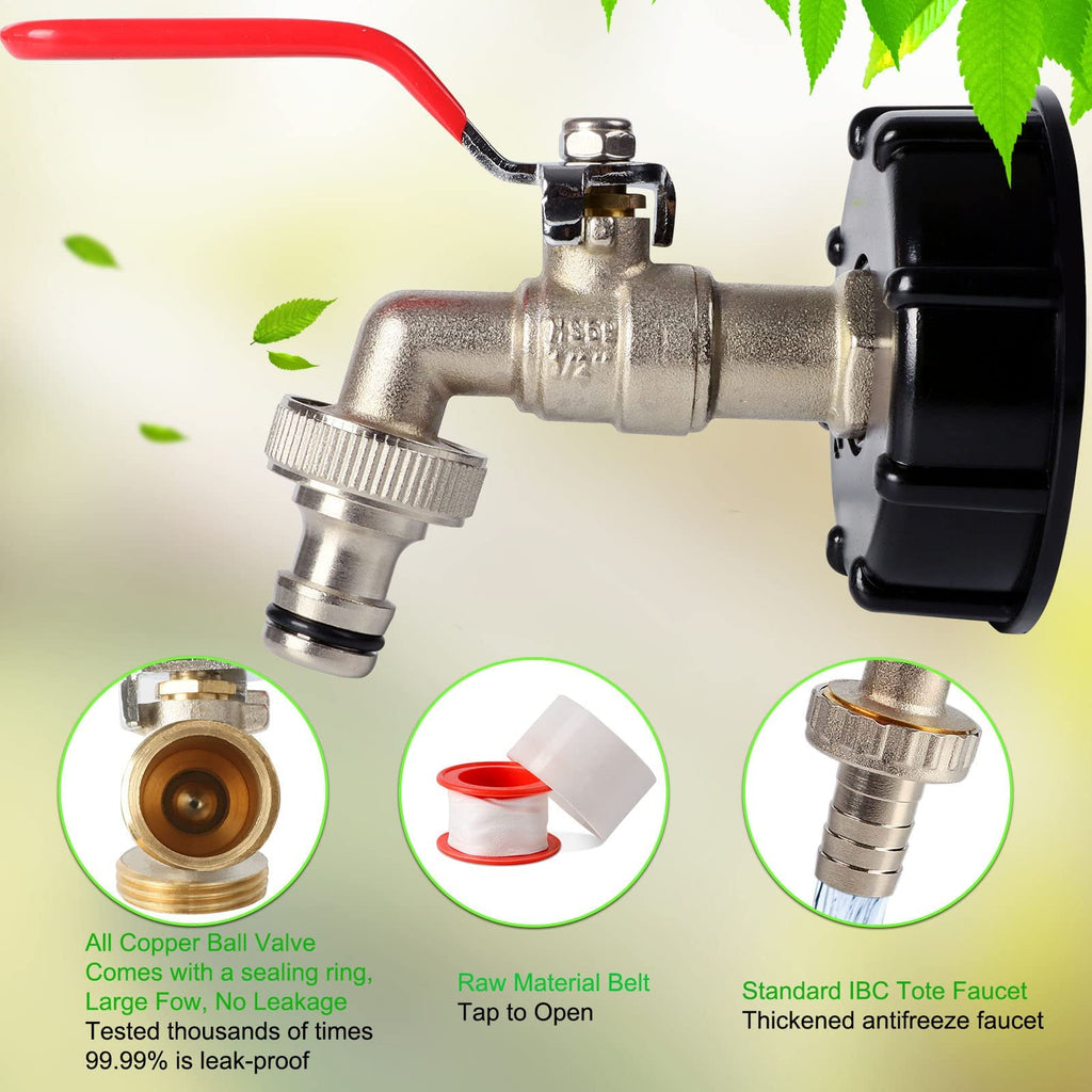1/2" Leakproof Brass IBC Tote Fittings - Winterizing IBC Tote Adapter IBC 2" Coarse Thread Tote Valve for 275-330 Gallon Water Tank Garden Hose Connector Replace Valve Fitting