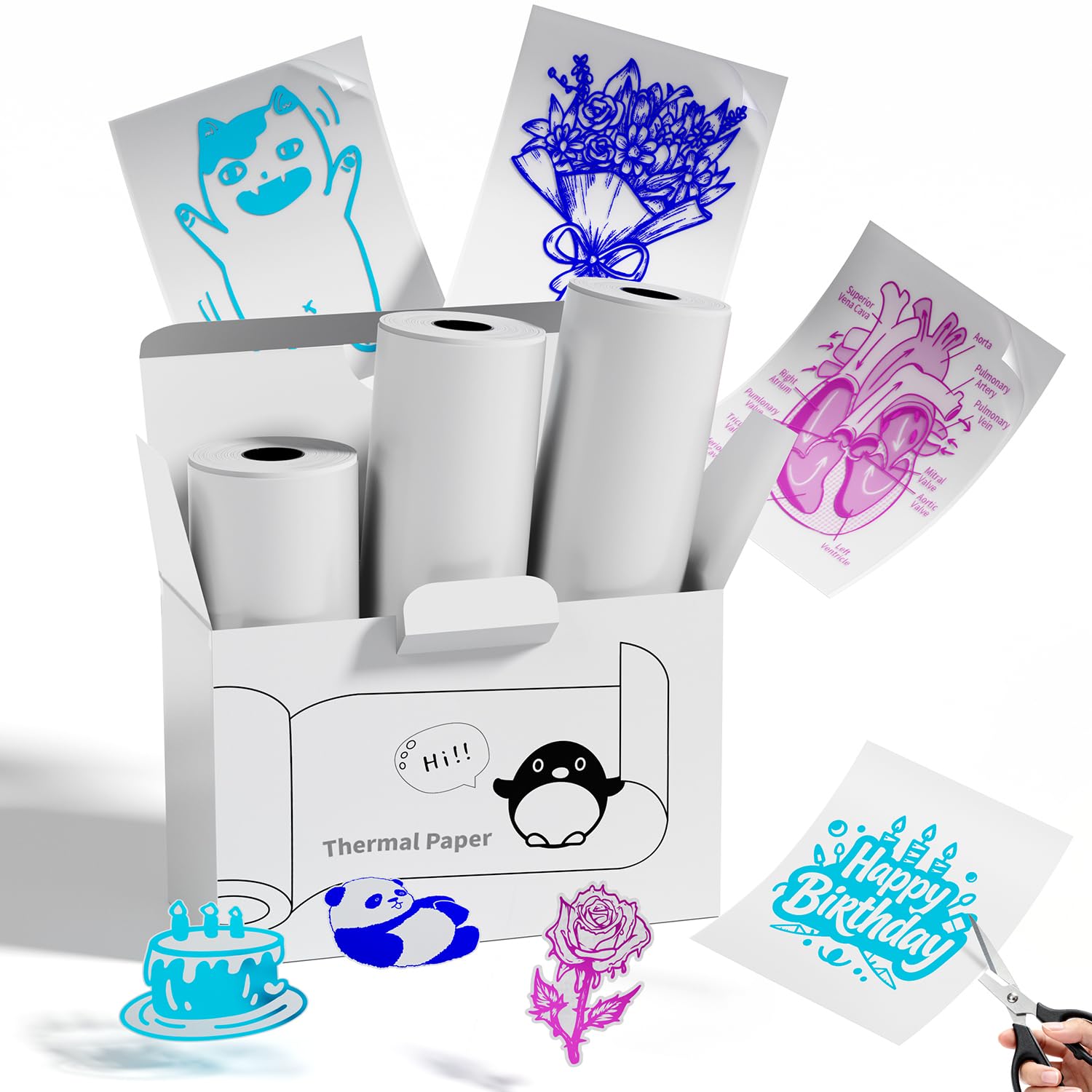 Memoking T02 Color Sticker Paper - Colorful Transparent Sticky T02 Mini Printer Sticker Paper Refill, 50 mm x 3.5 m, Keep for 20 yrs, for Journal Photo Study Notes, 3 Rolls