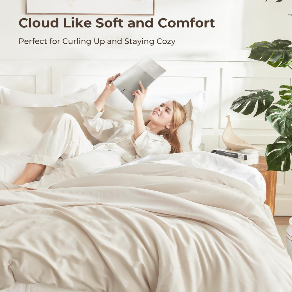 Litanika Queen Comforter Set Beige, 3 Pieces Lightweight Fluffy Solid Bedding Comforter Set, Down Alternative Comforter All Season Bed Set Gift Choice