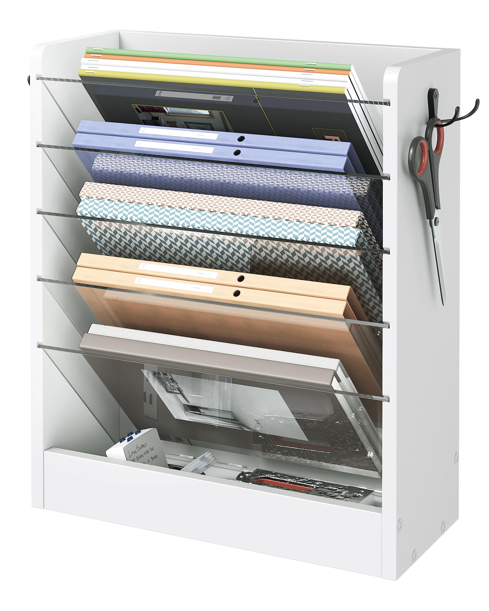 CHOEZON Wall File Holder, 6-Tier File Organizer, Office Supplies Storage Rack, Versatile Desktop Organizer, with Detachable Shelves, with Side Hooks, for Living Room, Study, Home Office, White MWJ02WB