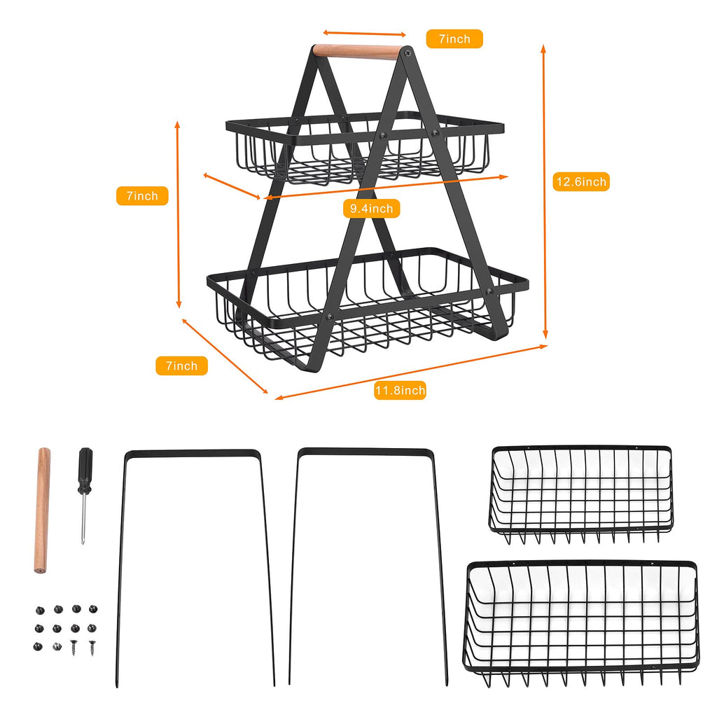 2 Tier Countertop Fruit Basket,Portable Fruit Bowle Basket for Kitchen Organizer Storage & Dining Room Fruits Vegetable Bread Snacks,MAHUEEOL Detachable Metal Rectangle Basket Storage