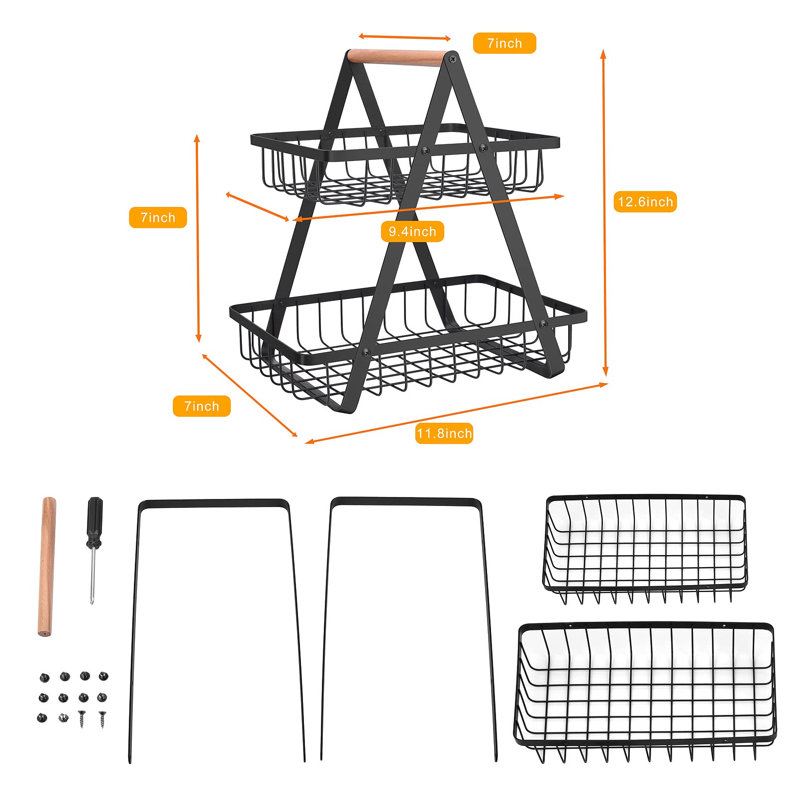 2 Tier Countertop Fruit Basket,Portable Fruit Bowle Basket for Kitchen Organizer Storage & Dining Room Fruits Vegetable Bread Snacks,MAHUEEOL Detachable Metal Rectangle Basket Storage