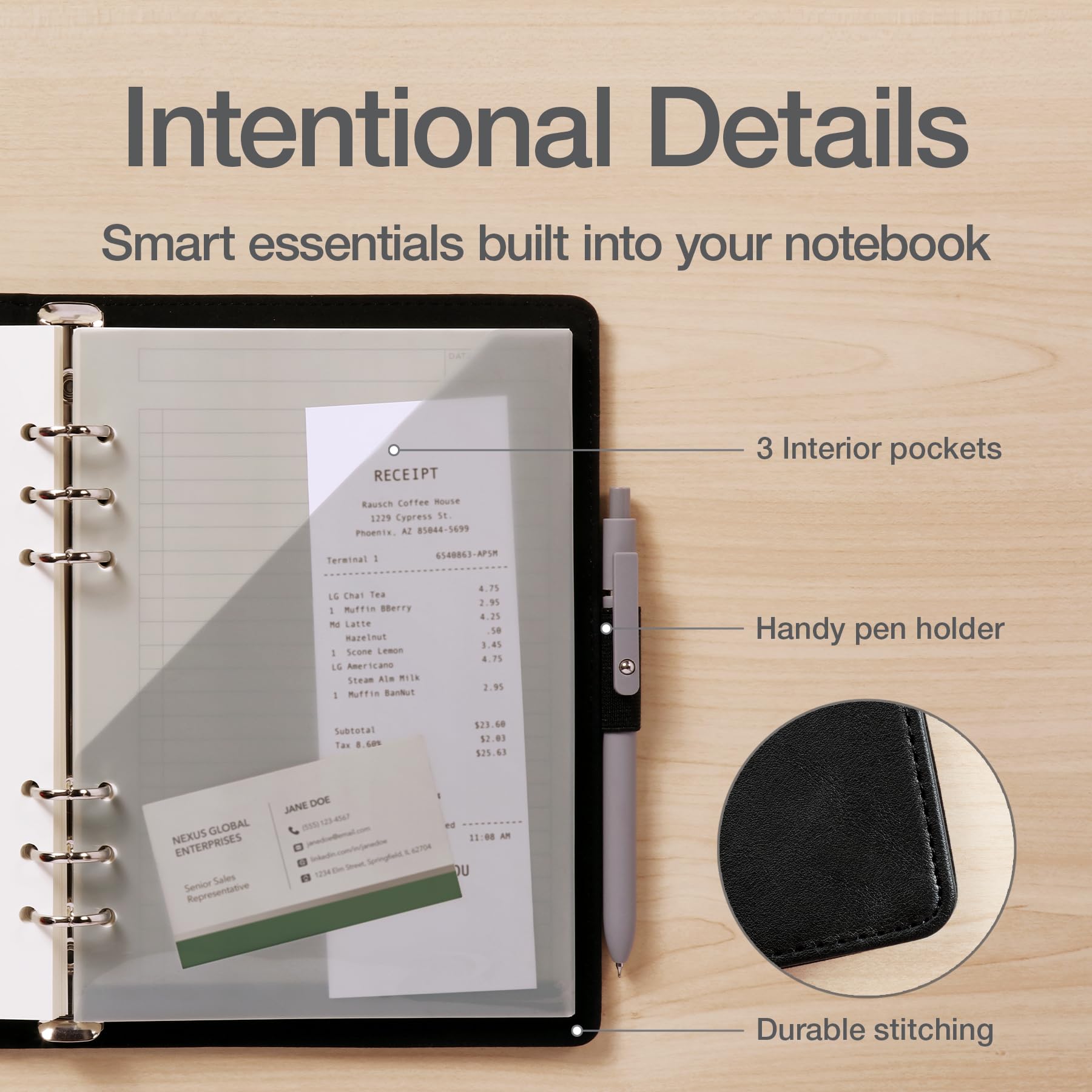 Oxford 6-Ring Professional Notebook, Refillable 6-Ring Notebook, 7" x 9", Black Faux Leather Cover, 100 Sheets Ivory Lined Paper with Date & To-Do Checkboxes, A5 Size, for Office, School, and Home