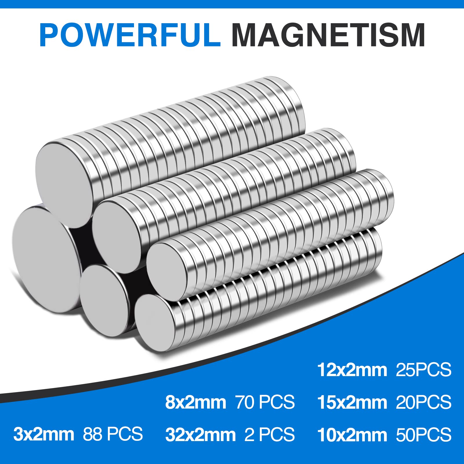 TRYMAG 255Pcs Small Magnets, 32X2mm 2P, 15X2mm 20P, 12x2mm 25P, 10x2mm 50P, 8X2mm 70P, 3x2mm 88P, 6 Different Size, Rare Earth Magnets for Crafts, Heavy Duty Round Refrigerator Magnet