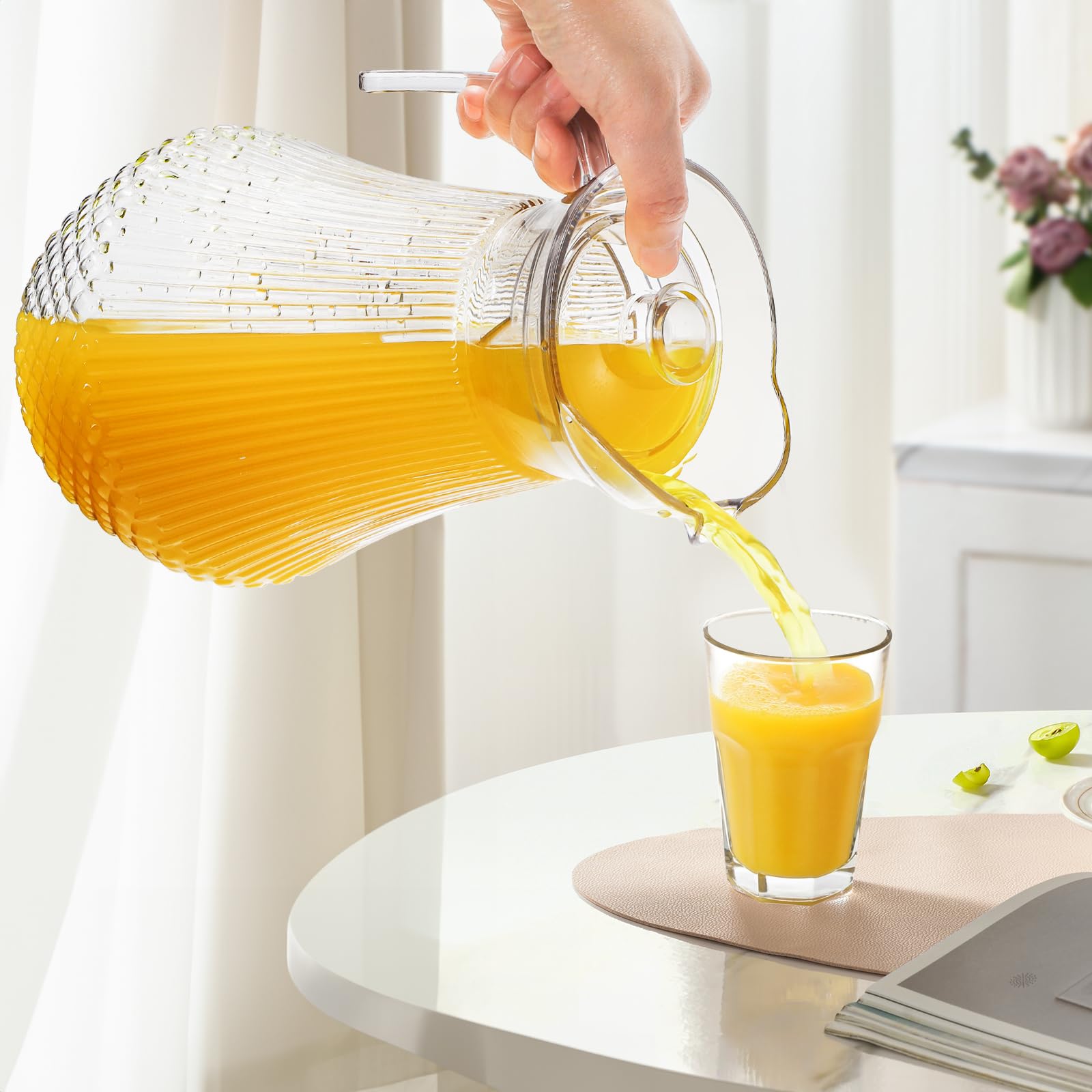 Lawei 2 Pack Acrylic Jug, Clear Plastic Watering Can with Lid and Spout, Iced Tea Jug Drinking Container for Fridge, Juice, Sangria, Lemonade Heat Resistant, Shatterproof, BPA Free