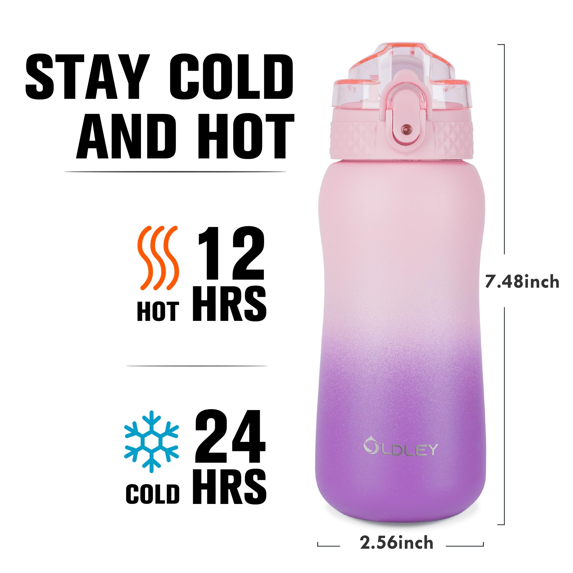 Oldley Insulated Water Bottle 12oz Kids Water Bottles with Straw, Stainless Steel Water Bottle with 2 Lids,Double Wall Vacuum Bottle, Leak-Proof Sport Bottles for School Travel, Ombre Pink-Purple