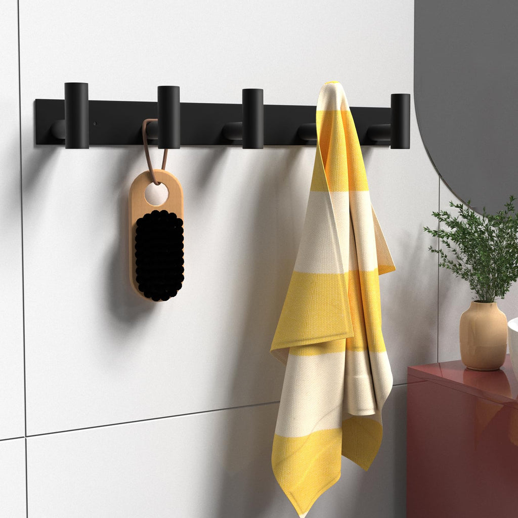 PMMASTO Coat Rack Wall Mount, T Shaped Wall Hooks with 5 Coat Hooks for Hanging Hat Towel Robes(Black, 1 Pack)