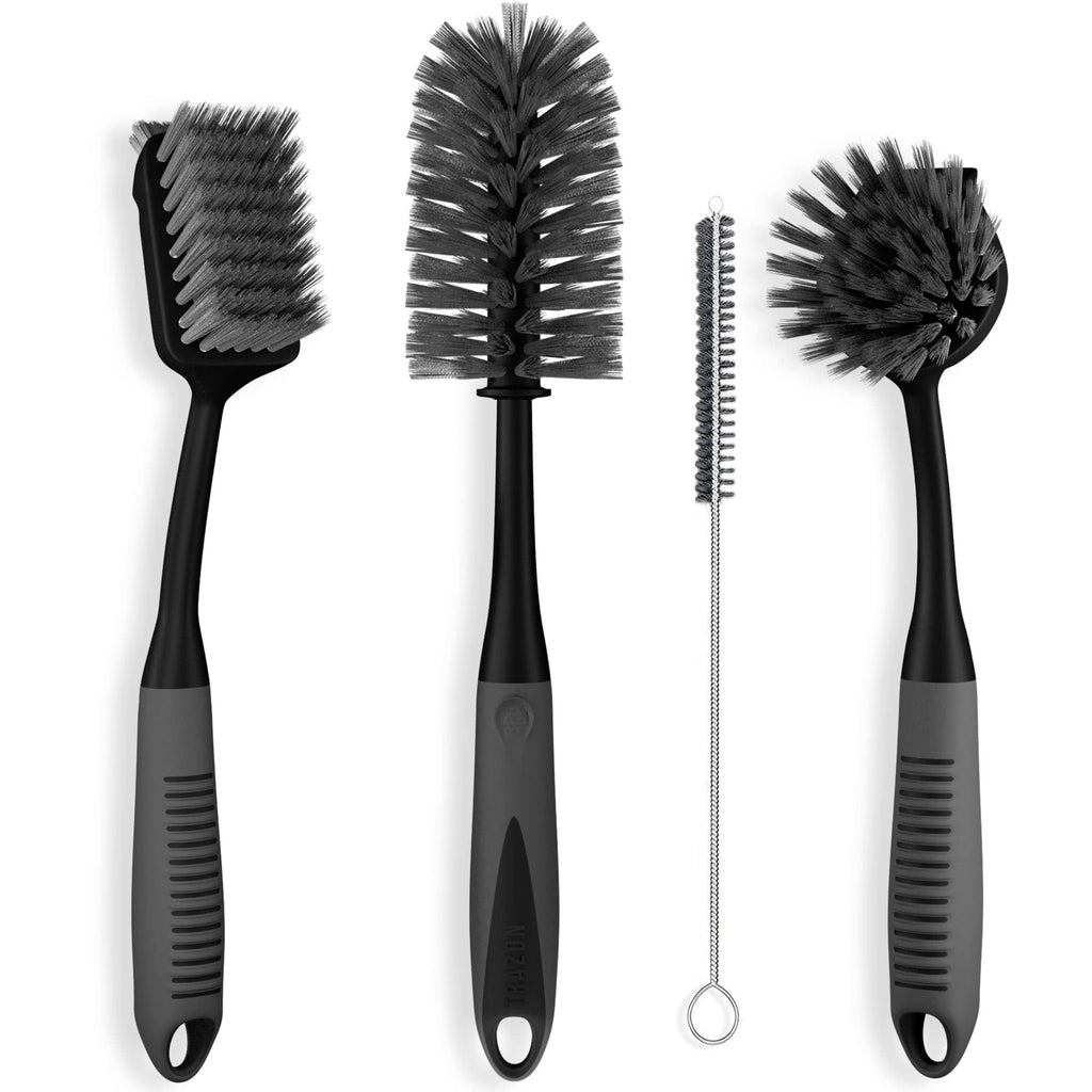 Dish Brush Set of 4 with Bottle Water Brush, Dish Scrub Brush, Scrubber Brush and Straw Brush - Kitchen Scrub Brushes Ergonomic Non Slip Long Handle for Cleaning Cleaner Wash Dish Sink Dishes Cup Pot