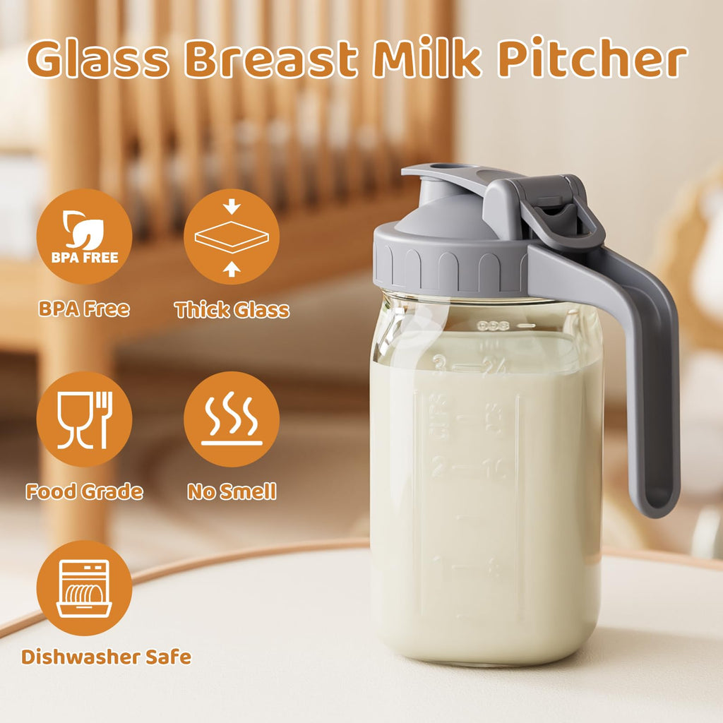Breast Milk Pitcher, Mason Jar 32 oz, Heavy Duty Wide Mouth Jar with Flip Cap Lid and Pour Spout - Airtight Seal for Freshness and Convenience - Great for Cold Beverages, and Home Entertaining