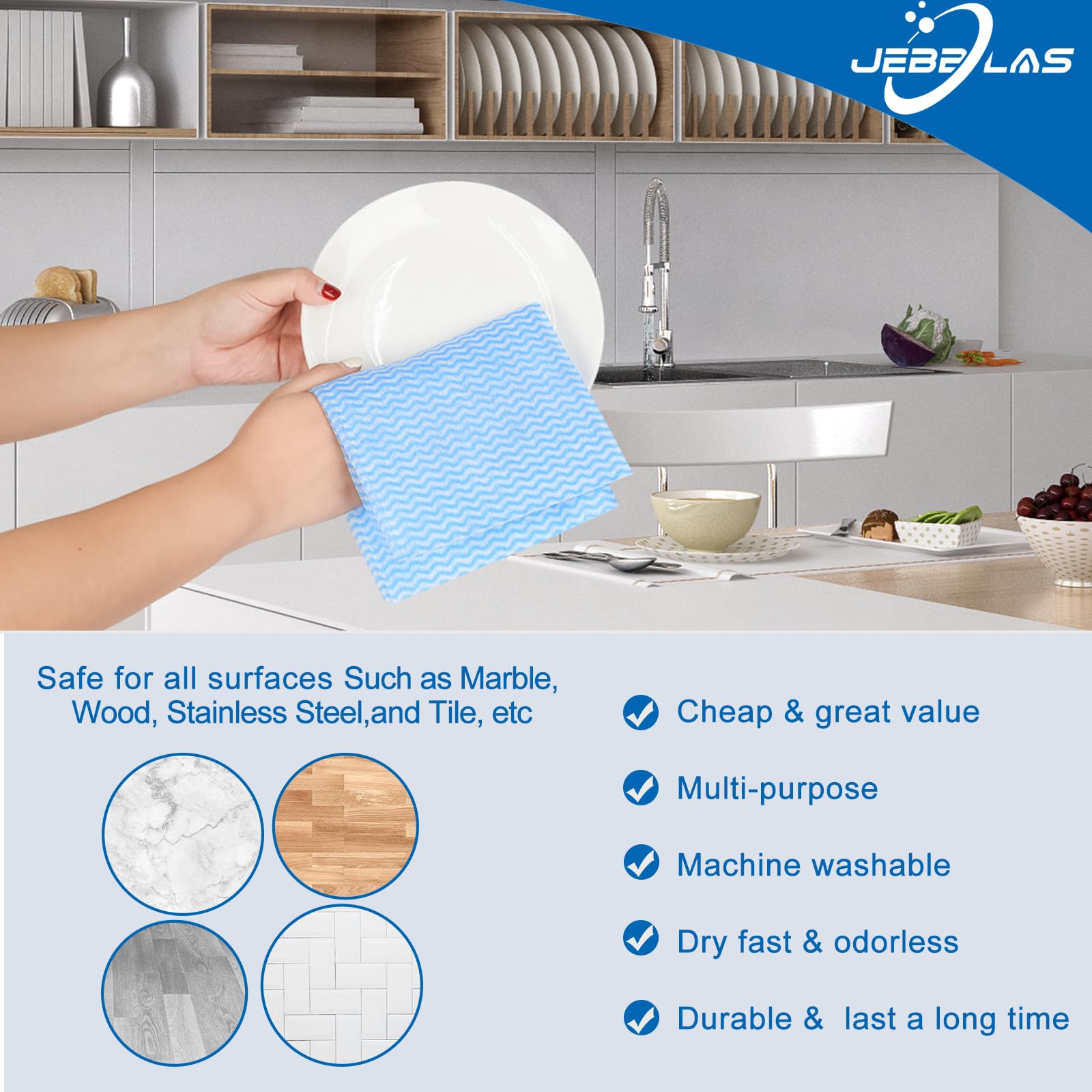JEBBLAS Cleaning Towels Dish Towels and Dish Cloths Reusable Towels,Handy Cleaning Wipes, Great Dish Towel, Disposable, Absorbent, Dry Quickly 60 Sheets/Pack,Blue
