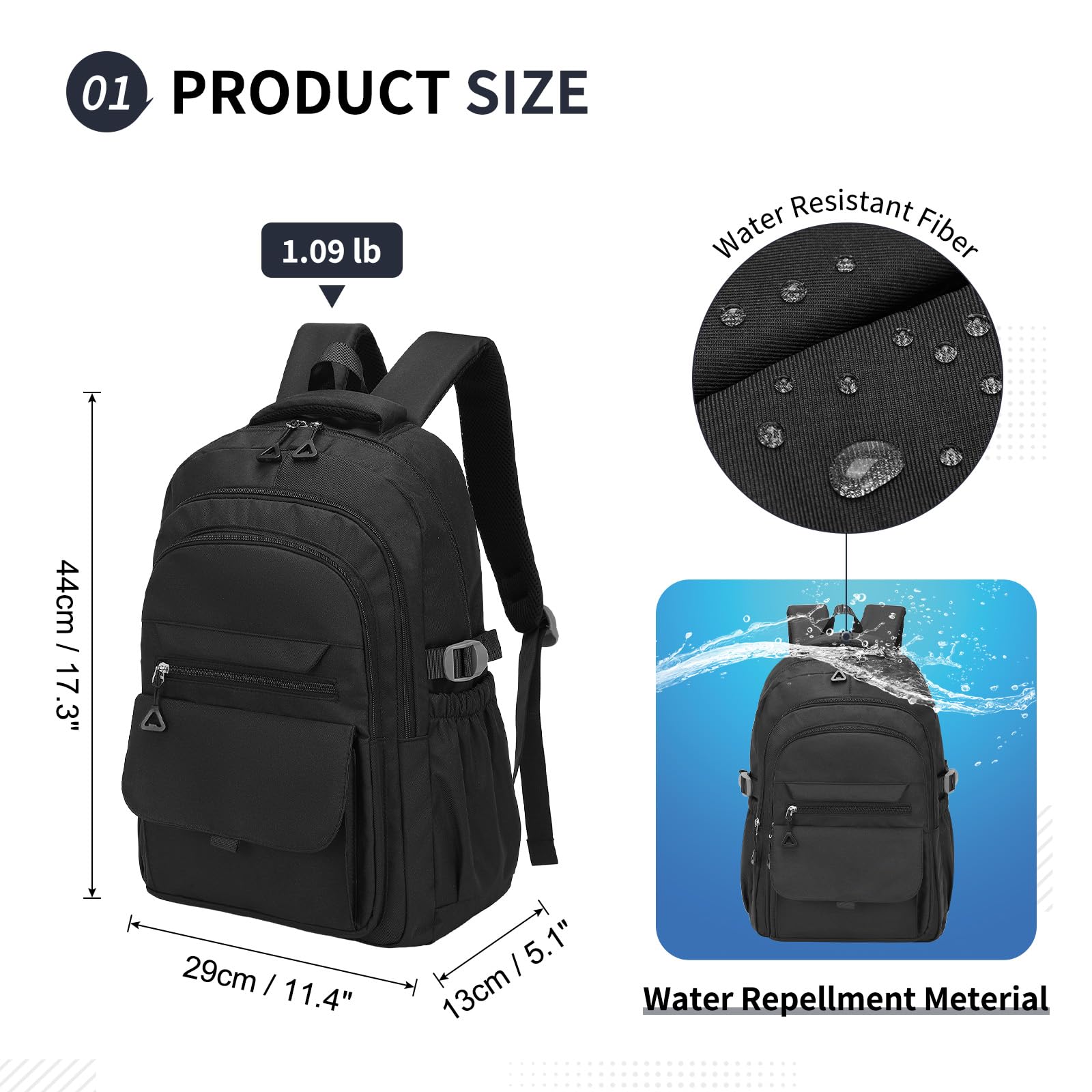SUIKIHUM Aesthetic Daypack Backpack, Water-Resistant 15.6" Laptop Backpack for Women and Men, Featuring Touch-Fastener and Anti-Theft Pockets (Black)