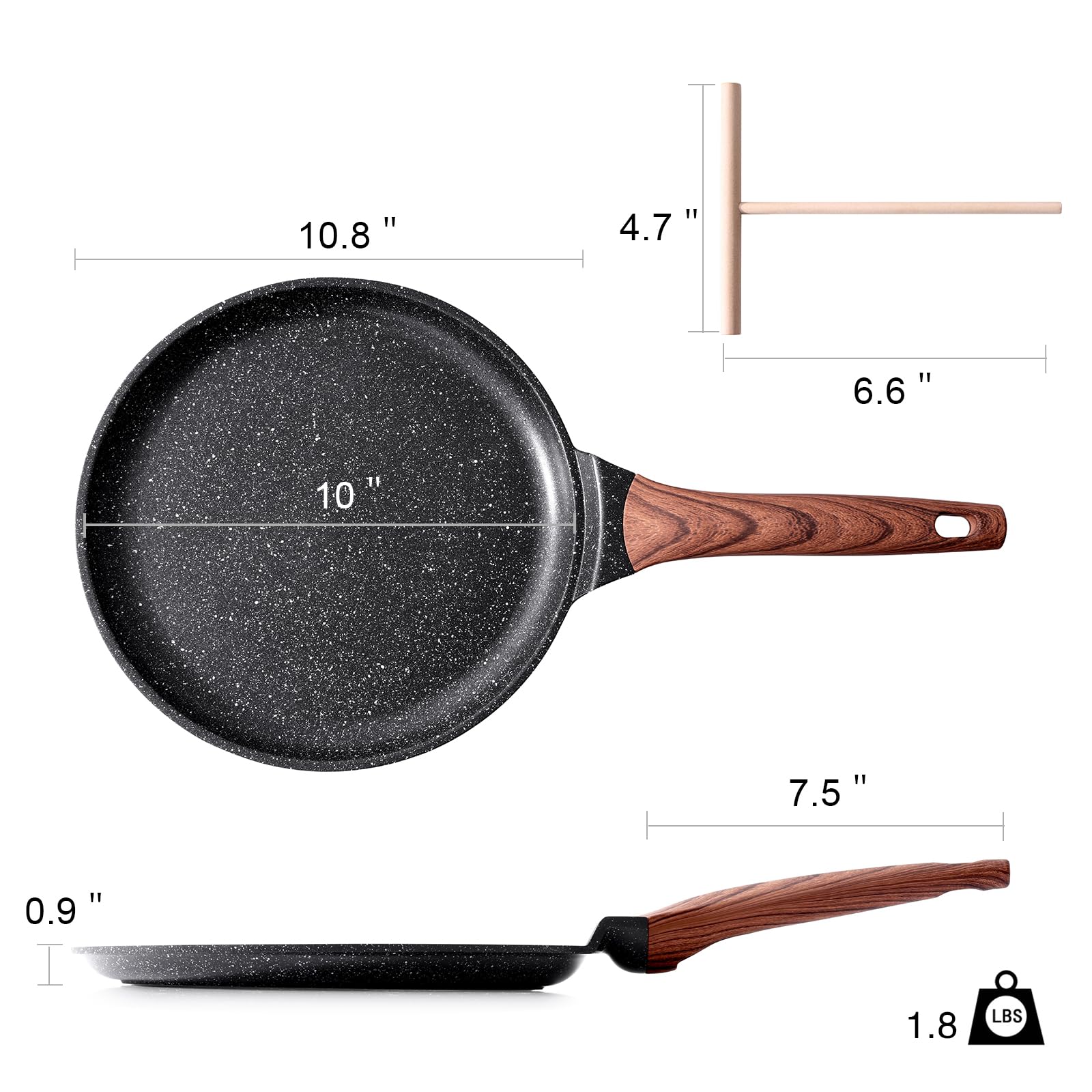 Kordisen Crepe Pan Nonstick, 10 Inch Granite Coating Comales para Tortillas Dosa Pan with Spreader, Induction Compatible, PFOA Free