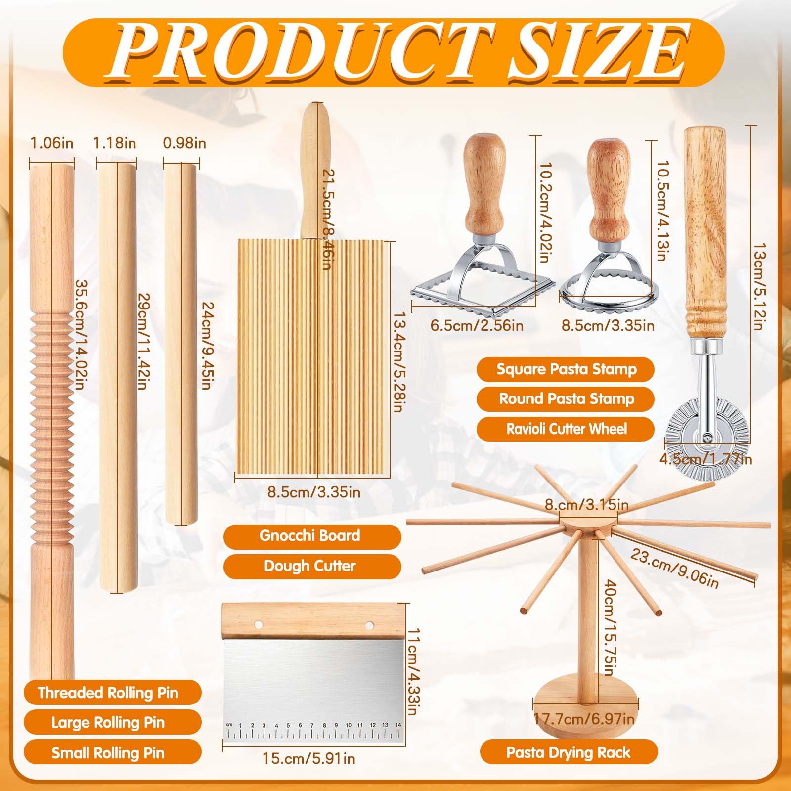Pasta Making Tools, 9 PCS Wood Pasta Making Kit with 1 Pasta Drying Rack, 3 Rolling Pins, 1 Gnocchi Board, 1 Dough Cutter, 2 Ravioli Stamp Maker Cutter, 1 Ravioli Cutter, Ravioli Pasta Set for Kitchen
