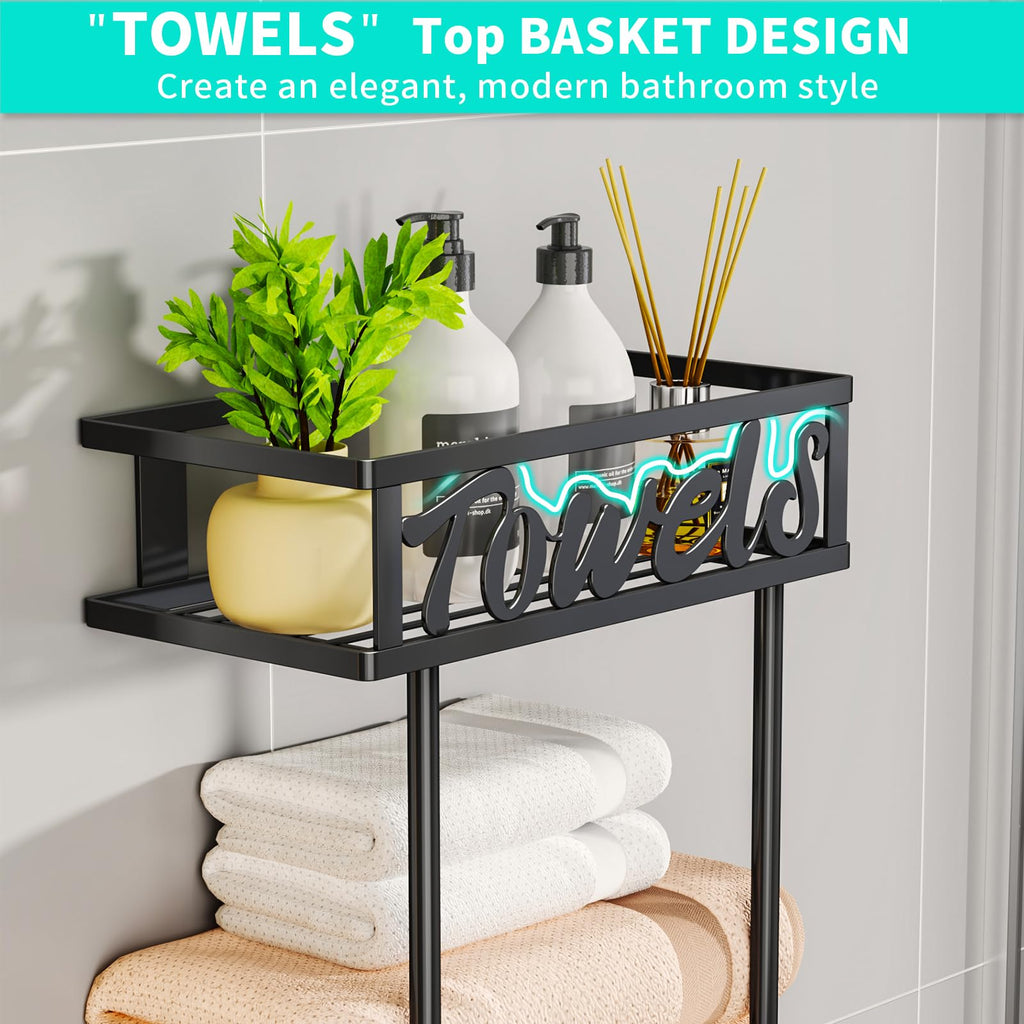 HapiRm Towel Rack Bathroom Storage - 3 Tier Over The Door & Wall Mounted Rolled Towel Rack Holder Organizer with Metal Shelf and 6 Hooks for Small Bathroom, Camper, Rv - Black