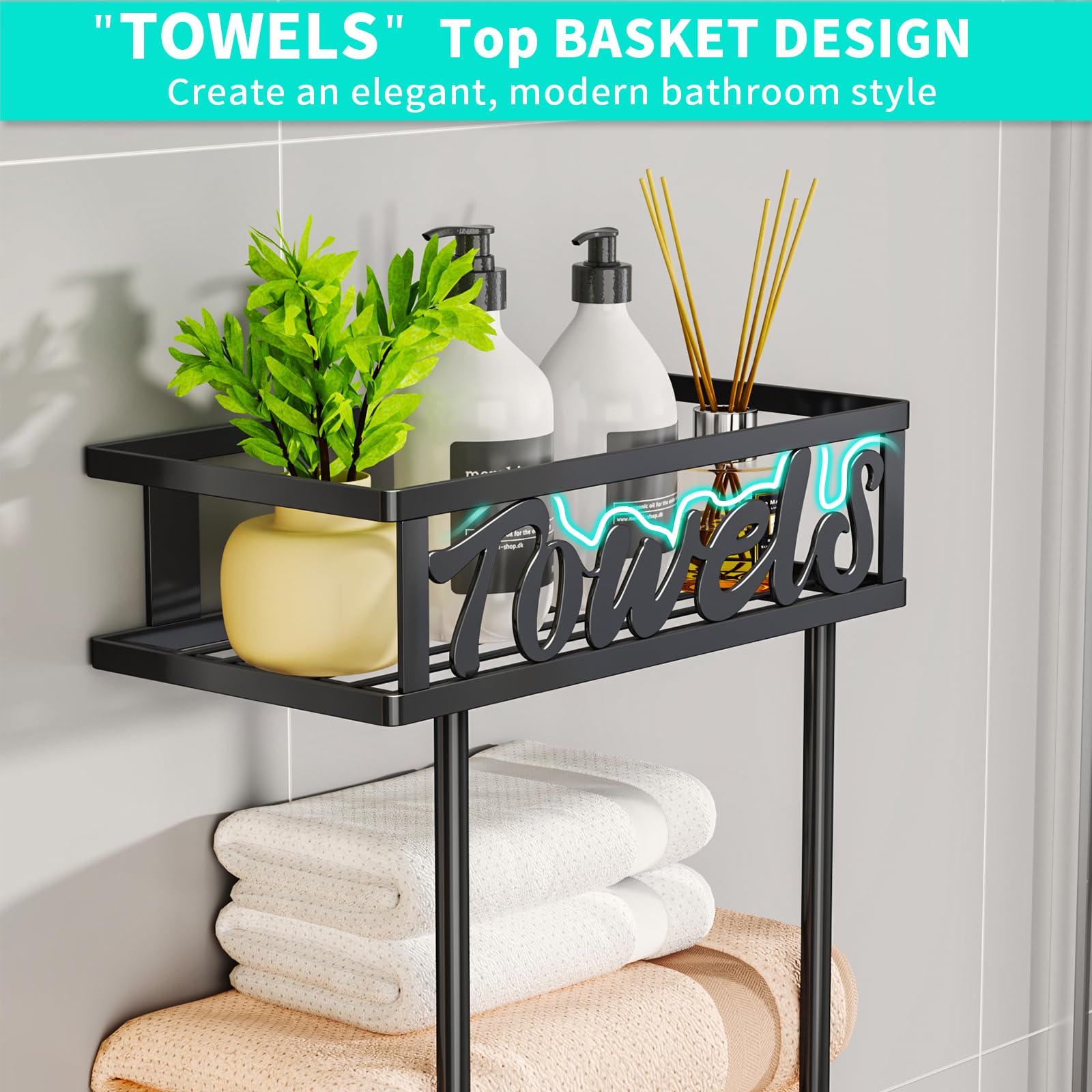 HapiRm Towel Rack Bathroom Storage - 3 Tier Over The Door & Wall Mounted Rolled Towel Rack Holder Organizer with Metal Shelf and 6 Hooks for Small Bathroom, Camper, Rv - Black
