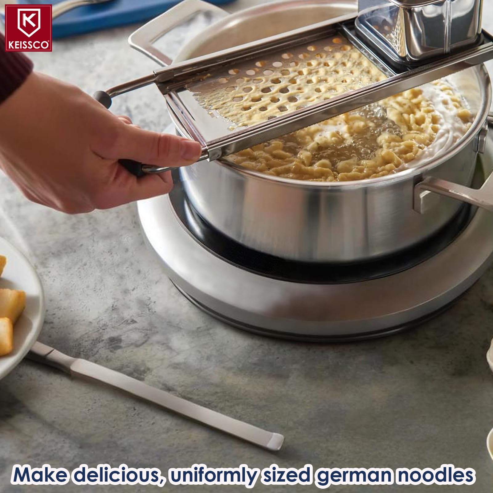 Premium Grade Stainless Steel Spaetzle Maker with Comfort Grip Handle Traditional German Egg Noodle Maker with Gift Box
