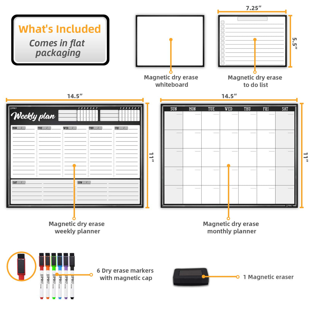 JJPRO Magnetic Dry Erase Monthly Calendar for Refrigerator-Dry Erase Weekly Planner Whiteboard for Fridge-Two Bonus Notepad Whiteboards-Month&Week Calendar Refrigerator Organizer