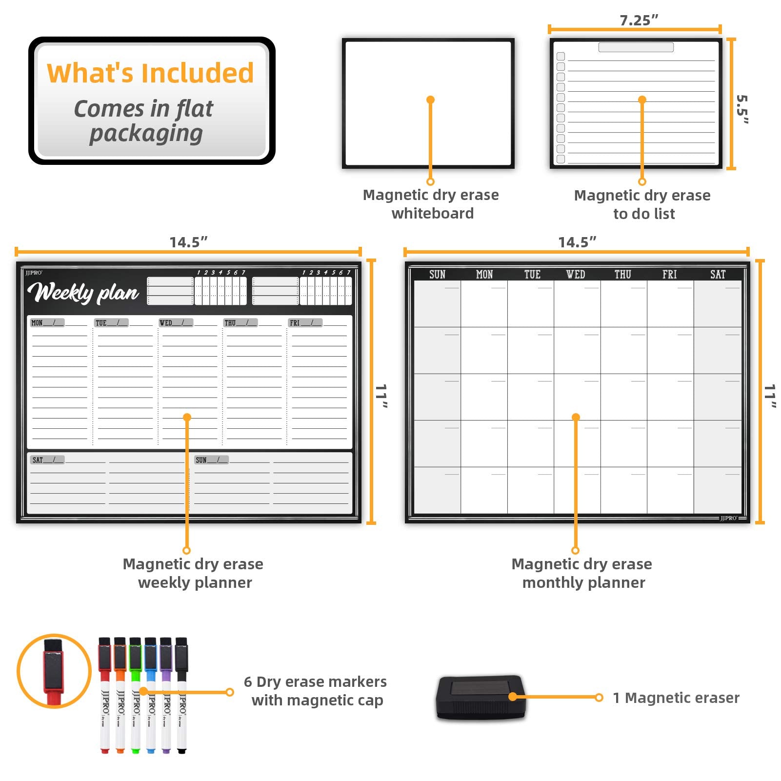 JJPRO Magnetic Dry Erase Monthly Calendar for Refrigerator-Dry Erase Weekly Planner Whiteboard for Fridge-Two Bonus Notepad Whiteboards-Month&Week Calendar Refrigerator Organizer