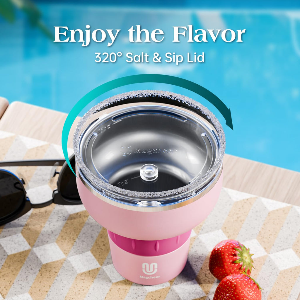 Magcheer 16 oz Cocktail Tumbler with Lid and Straw - Stainless Steel Insulated Margarita Tumbler - 320° Sippable Stemless Wine Cup for Party | Pink