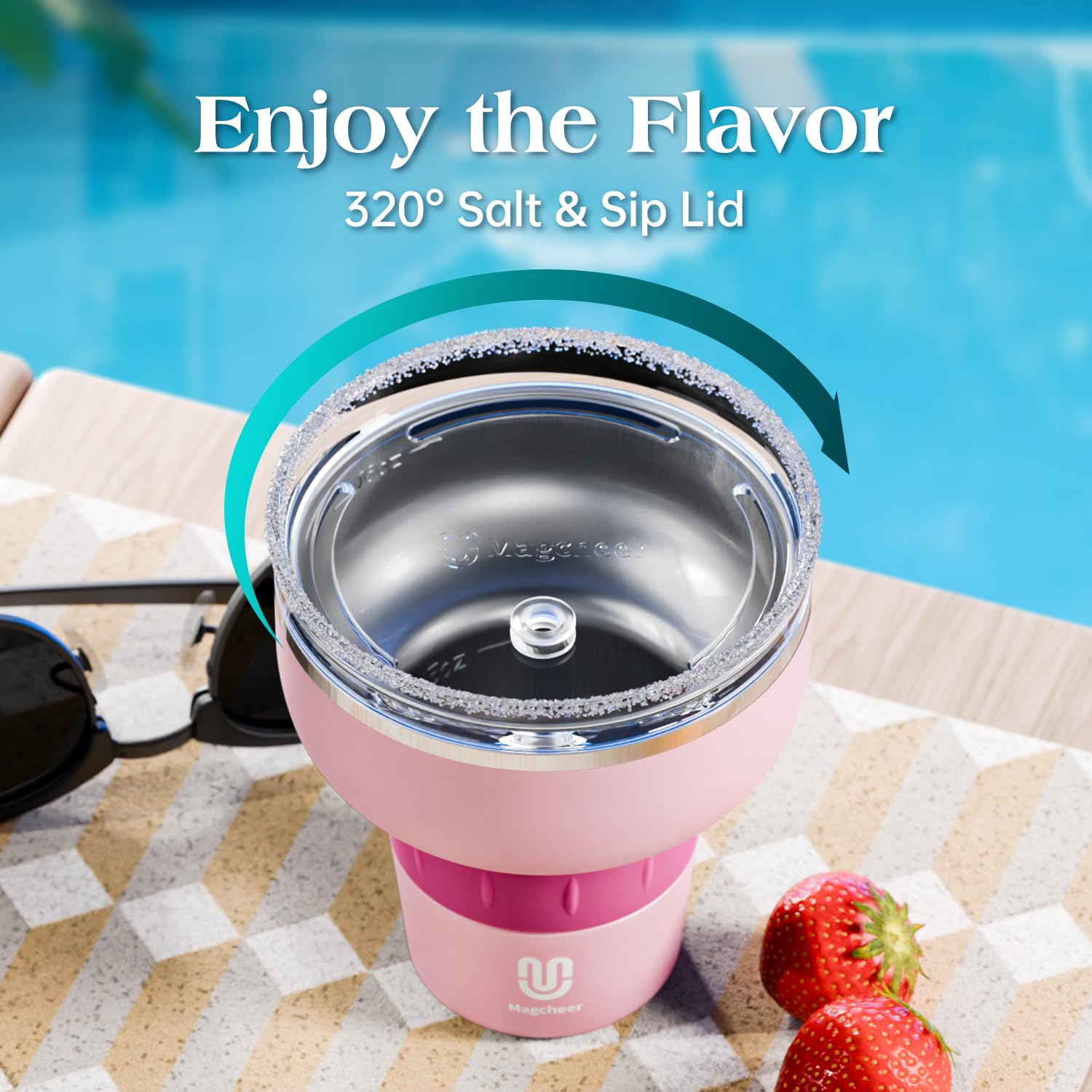 Magcheer 16 oz Cocktail Tumbler with Lid and Straw - Stainless Steel Insulated Margarita Tumbler - 320° Sippable Stemless Wine Cup for Party | Pink