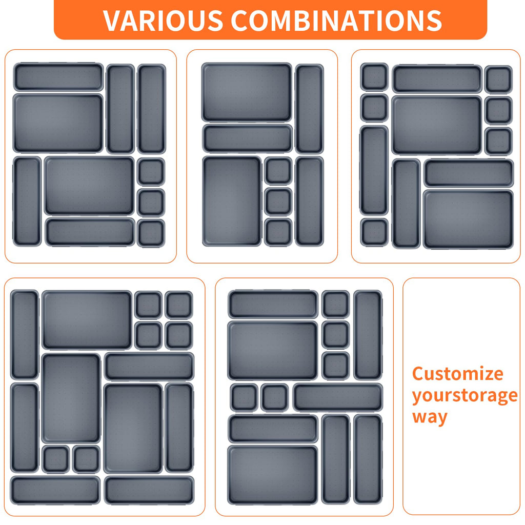 Giklux 45 Pack Grey Plastic Drawer Organizers, 3 Sizes, Office, Kitchen, Bathroom, Vanity, Makeup, Gadget Trays