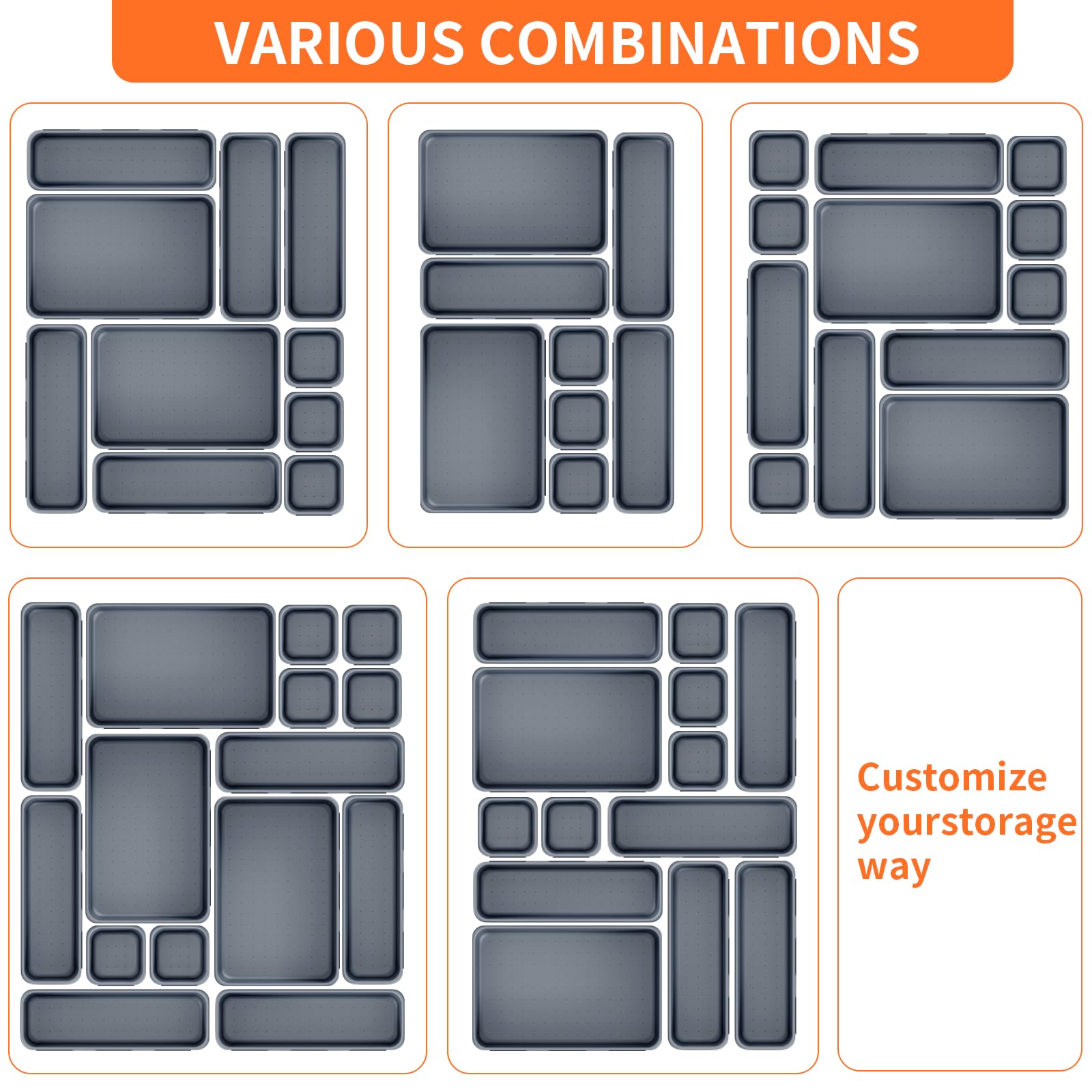 Giklux 45 Pack Grey Plastic Drawer Organizers, 3 Sizes, Office, Kitchen, Bathroom, Vanity, Makeup, Gadget Trays