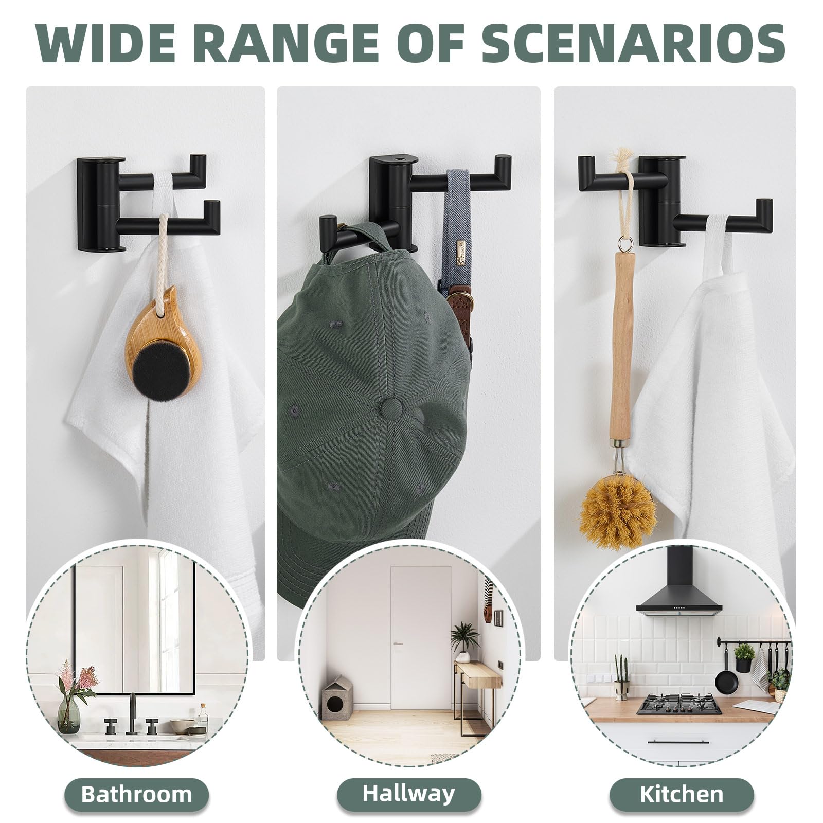 Angle Simple Swivel Double Towel Hook Matte Black, 304 Stainless Steel Robe Hook for Bathroom