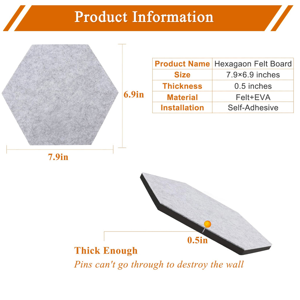 HULAVO 8Pcs Hexagon Felt Cork Board Tiles, Self Adhesive DIY Bulletin Board Pin Board for Office School Home Wall Decor Stickers Memos Photos Display (Gradual Grey)