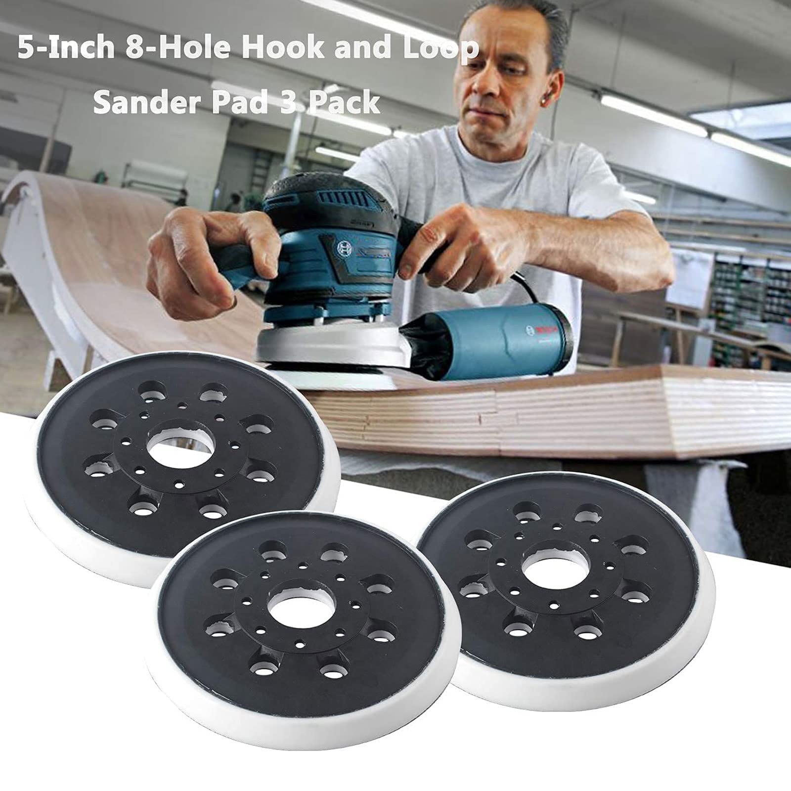 5 Inch Sander Pad Replacement Compatible with Bosch Orbital Sander ROS10 ROS20VS ROS20VSC ROS20VSK ROS20, 8 Hole Hook & Loop Sanding Backing Pad Compatible with Bosch RS035 & RS034(3 Pcs)