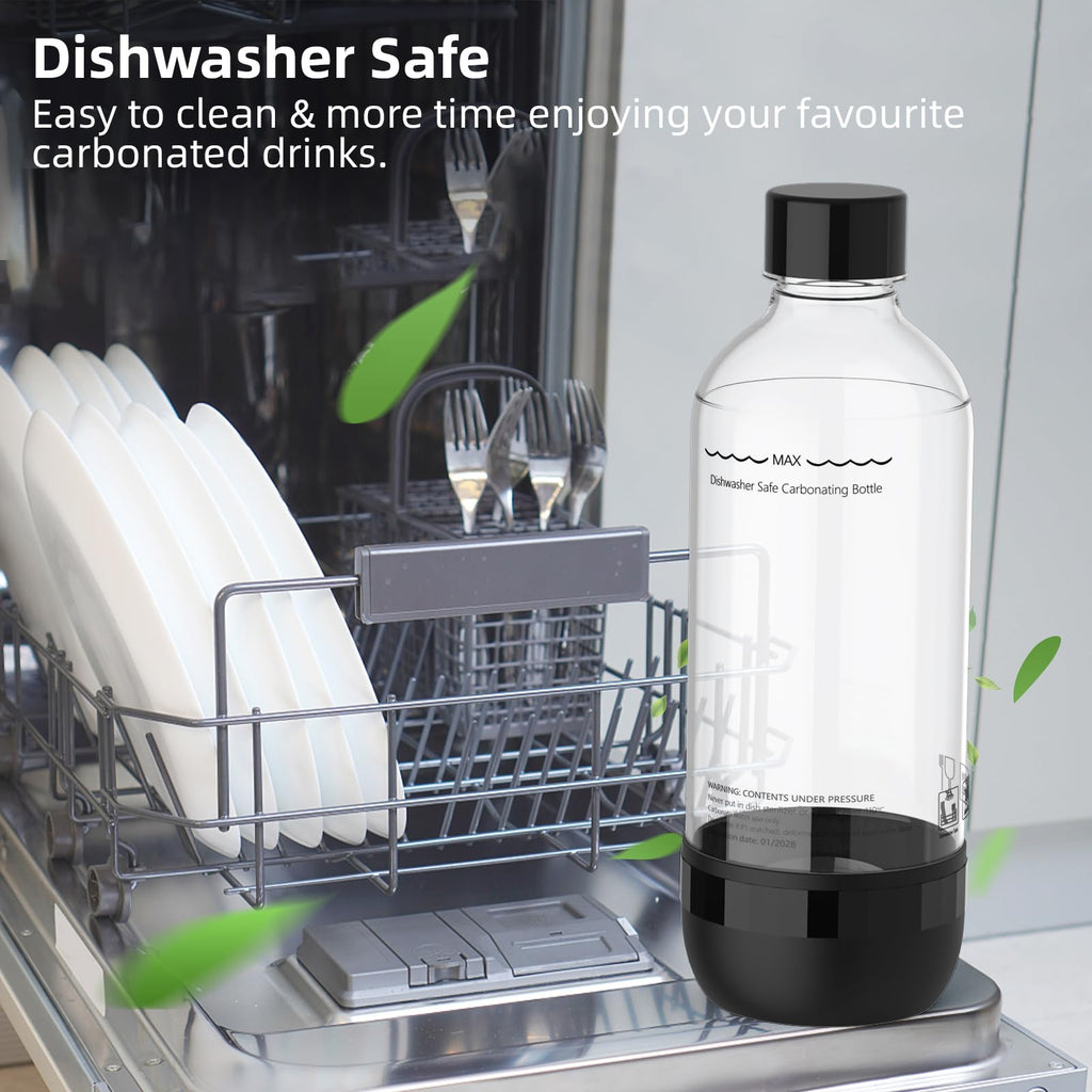 Mycket Soda Maker Bottles, 2 Pack Dishwasher-Safe Bottles for Water Carbonation Bottles, 1 Litre BPA Free Reusable PET Sparkling Water Bottles for Soda Machine, Black