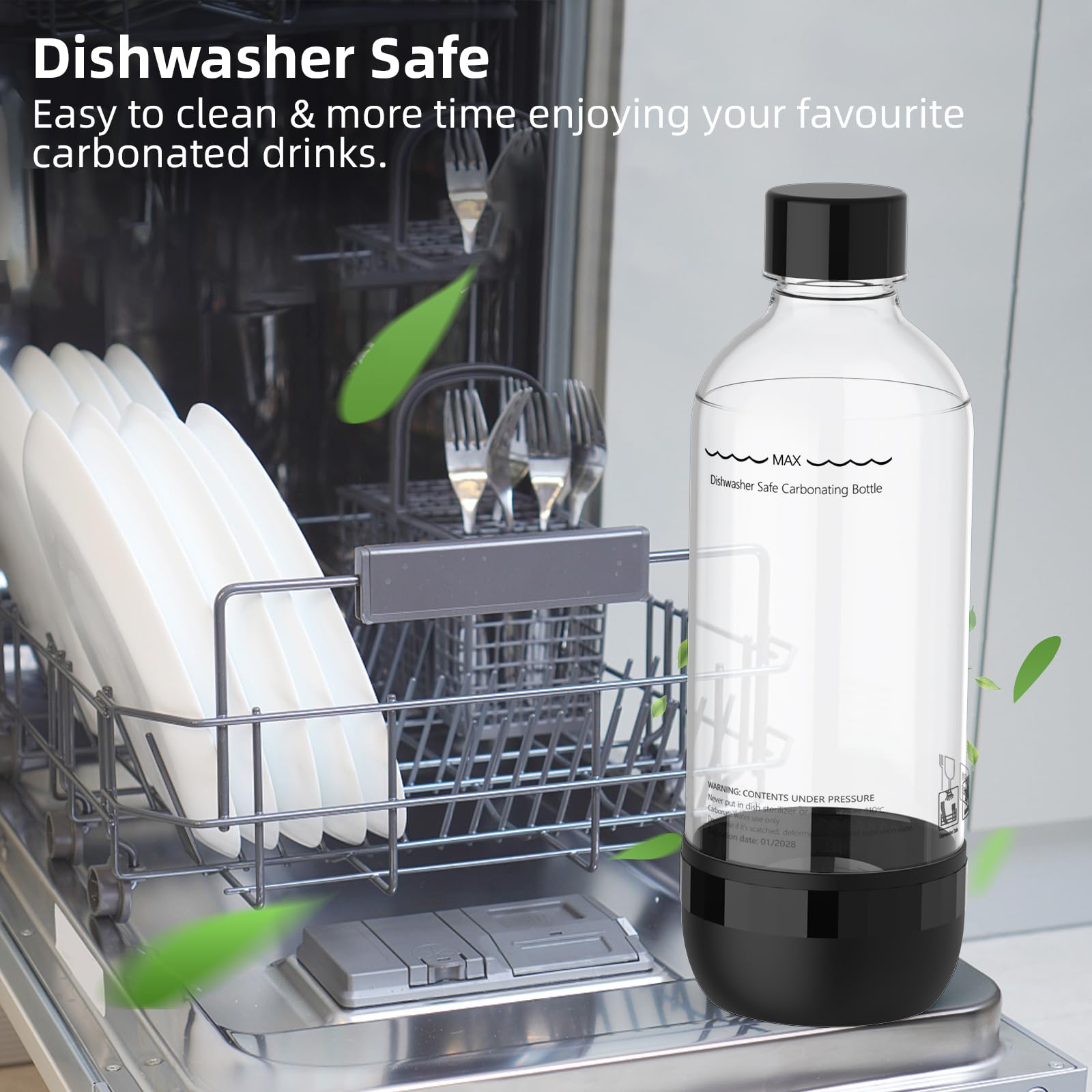 Mycket Soda Maker Bottles, 2 Pack Dishwasher-Safe Bottles for Water Carbonation Bottles, 1 Litre BPA Free Reusable PET Sparkling Water Bottles for Soda Machine, Black