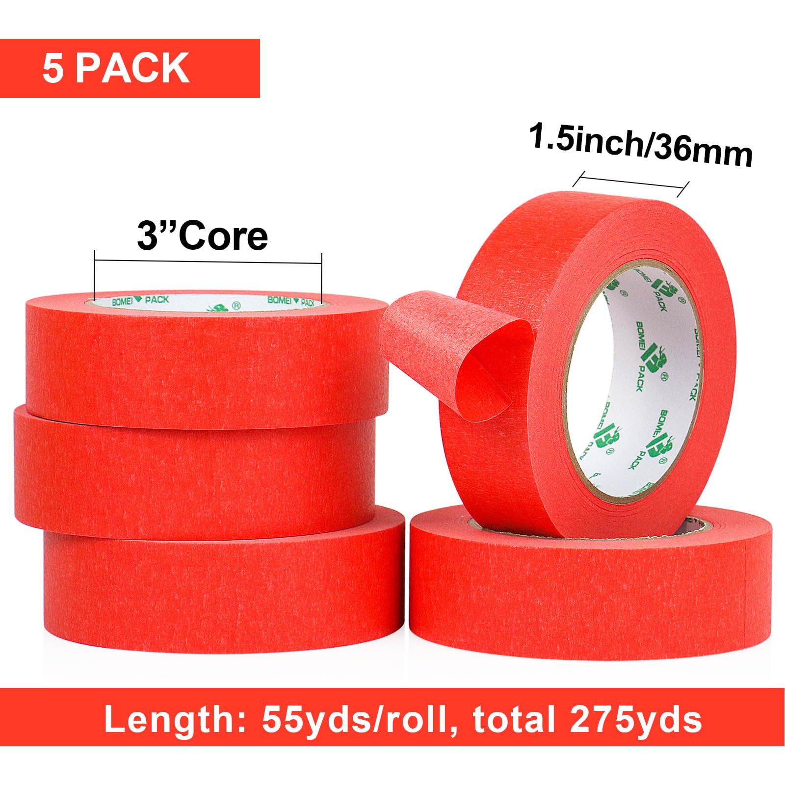 BOMEI PACK 5Rolls Red Masking Tape 36mm x 55yds, General Purpose Red Painters Tape for Painting, Labeling, DIY Crafting, Decoration and School Projects, Total 275yds
