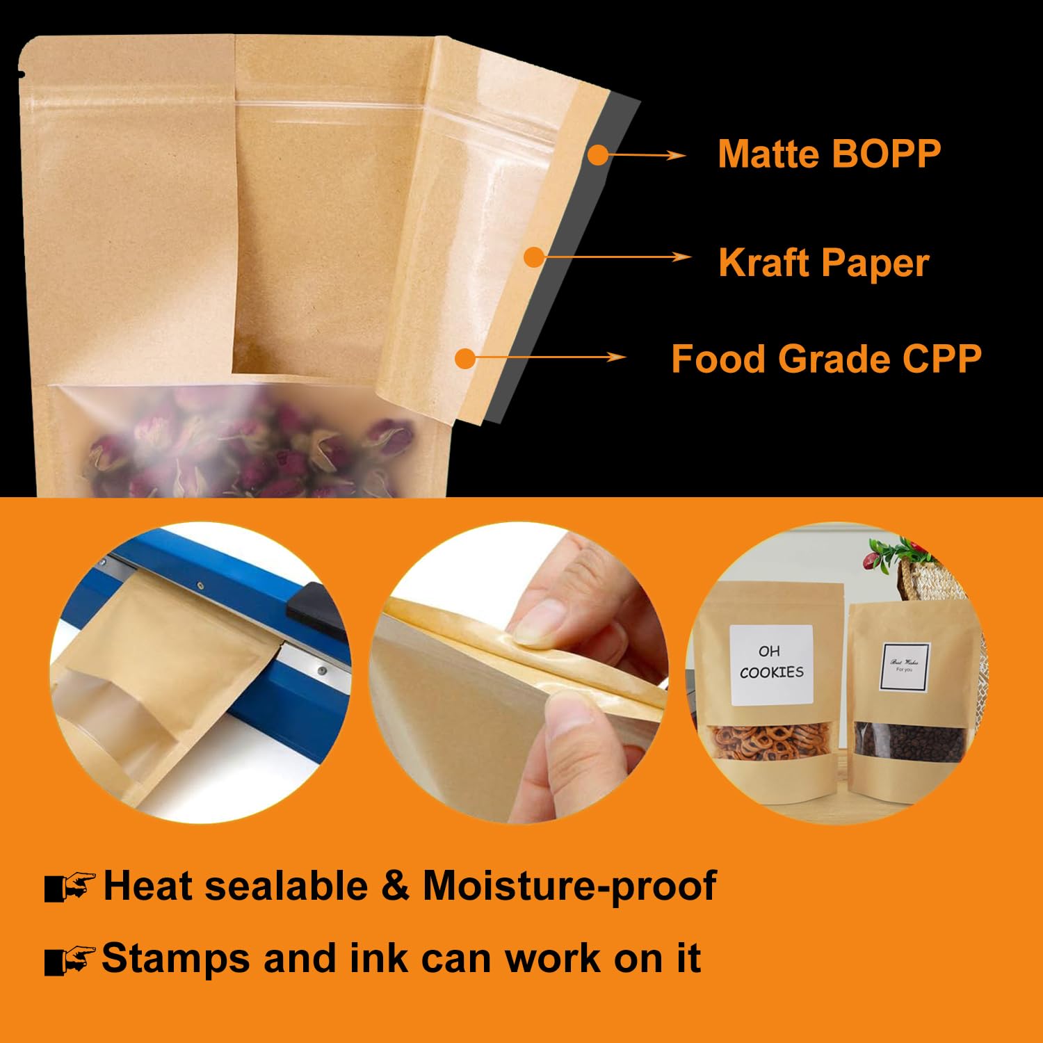 Matomtak Kraft Stand Up Bulk Pouches Resealable Paper Ziplock Bags with Window, 100 Pcs Sealable Food Storage Packaging Bags for Home and Business (Brown, 12x20cm/4.7x7.9inch)
