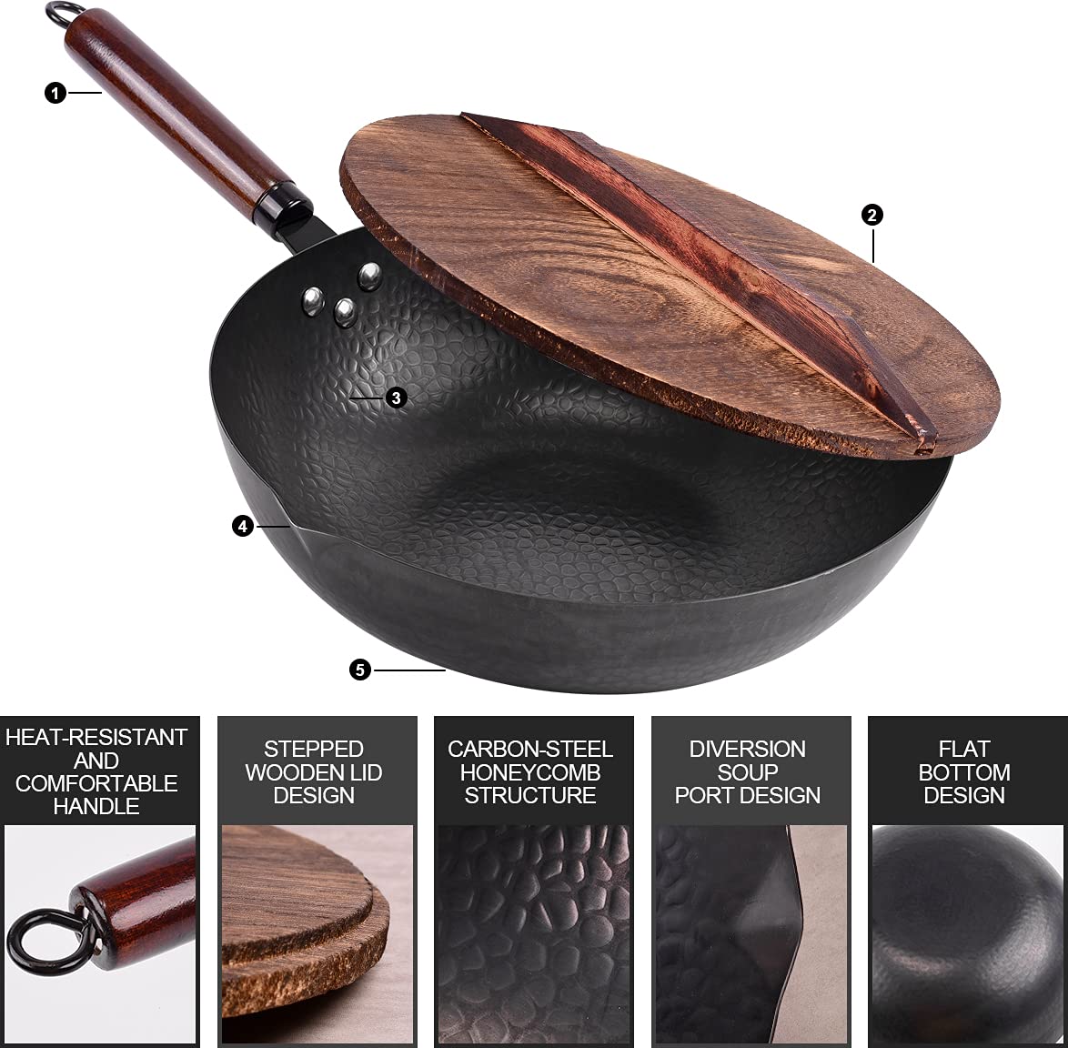 Leidawn 12.8" Carbon Steel Wok - 11Pcs Woks & Stir Fry Pans Wok Pan with Lid, No Chemical Coated Chinese Wok with 10 Cookware Accessories, Flat Bottom Woks for Electric, Induction and Gas Stoves