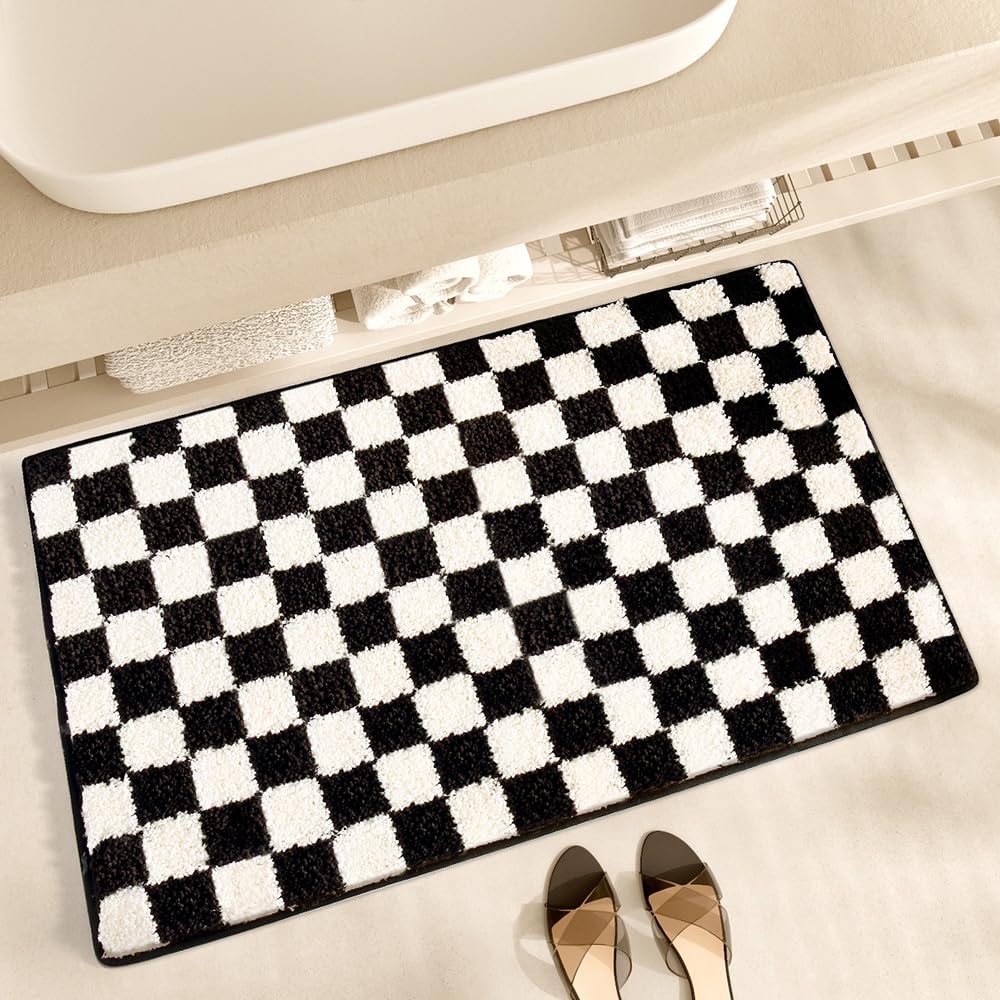 Ankah Bathroom Rug Black&White Checked Bath Mats, Non Slip Rubber Backing, Thick Soft Shaggy, Super Absorbent, Machine Washable, Bath Rugs Cute Bathroom Deocr, (Square 15.75"x 23.62")