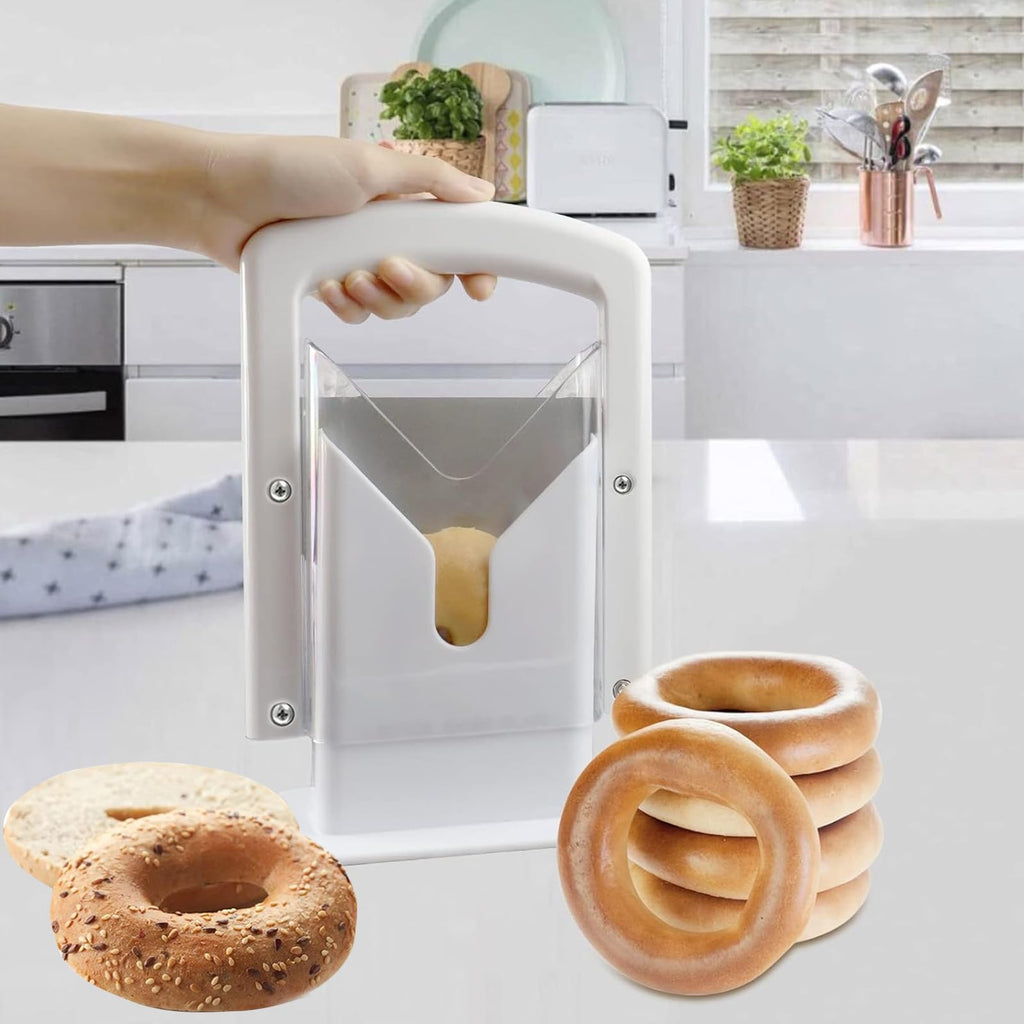 Bagel Slicer, Perfect for Bagels, Safe Grip, Safety Shield, Bagel Cutter Stainless Steel, Universal Slicer (White)