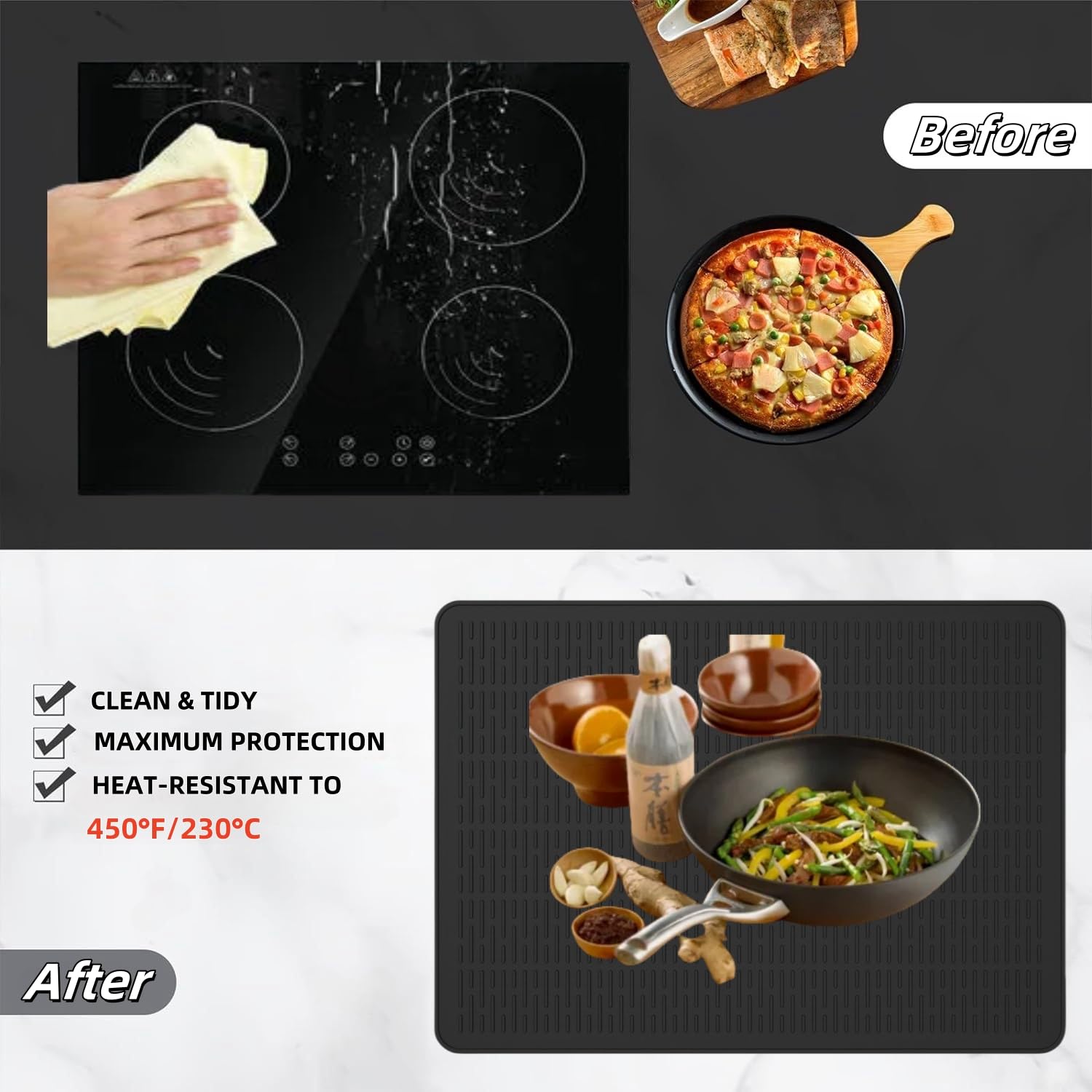 Silicone Stove Top Covers for Electric Stove, Stove Mat for Glass Cooktop, Heat-Resistant Cover Protector, Electric Cooktop Mat with Anti-Slip Backing, Ideal Kitchen Accessory (Black)