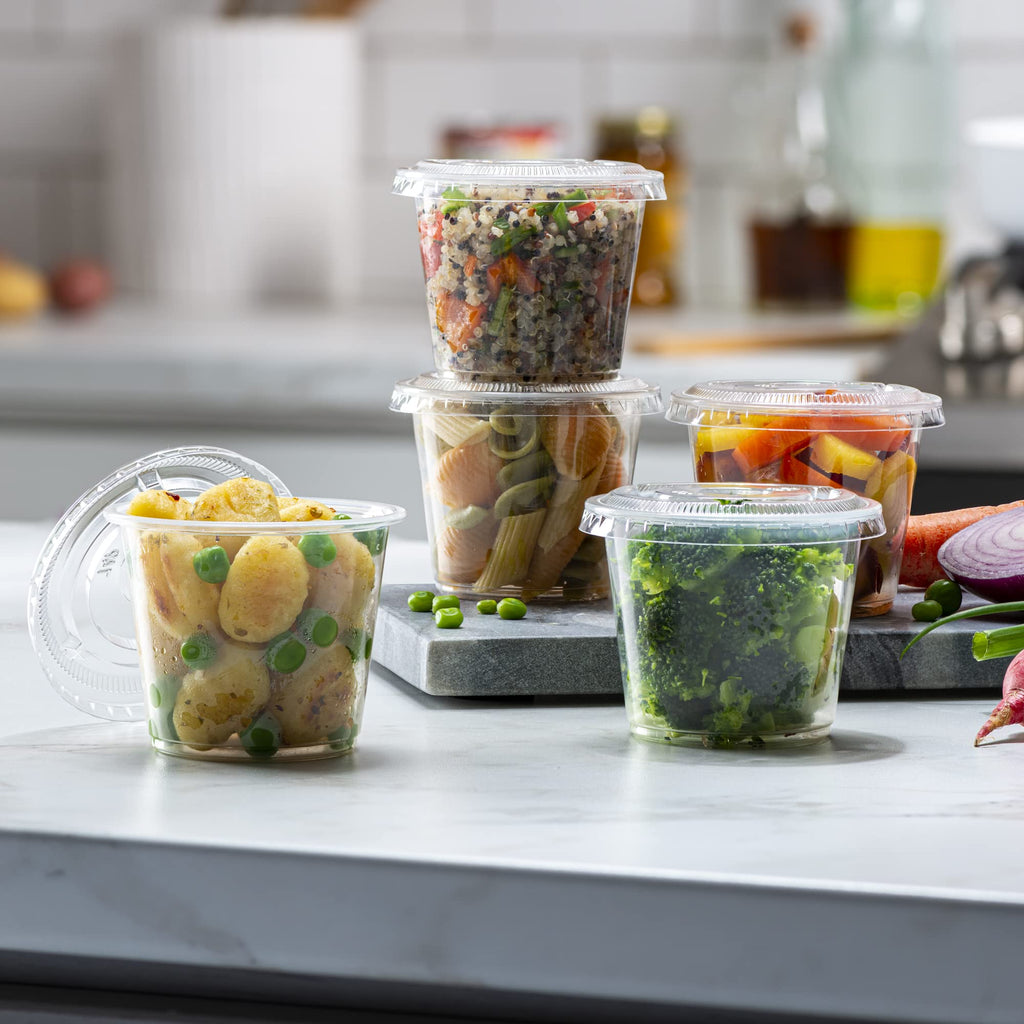 5 oz - 100 Sets Clear Diposable Plastic Portion Cups With Lids, Small Mini Containers For Portion Controll, Meal Prep, Sauce Cups, Slime, Medicine, Dressings, Crafts, Disposable Souffle Cups