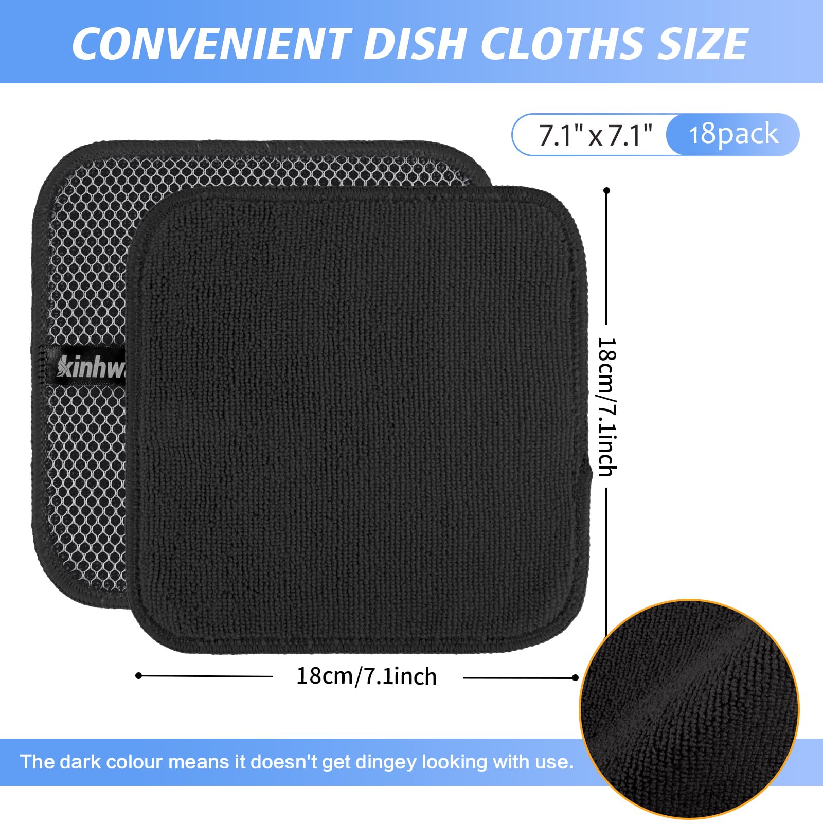 KinHwa Microfiber Dish Cloths Super Absorbent Kitchen Wash Cloth Dish Rags for Washing Dishes Fast Drying Cleaning Cloth with Scrub Side (Black, 7inchx7inch 18pc)