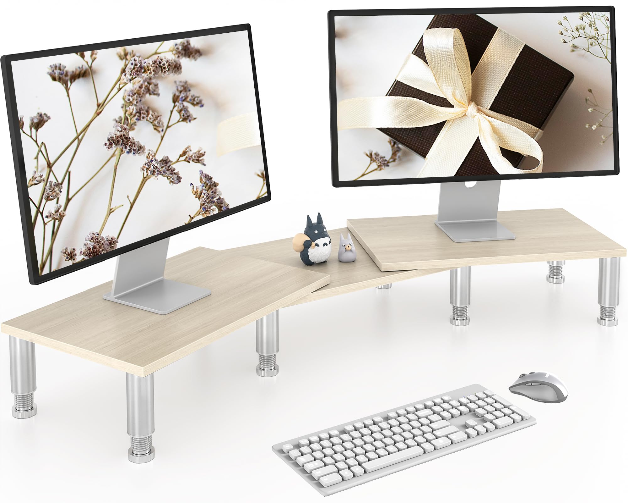 Dual Monitor Stand Riser, Monitor Stand with Adjustable Height Steel leg, Wood Monitor Stand for Desk, Monitor Riser for 2 Monitors with Storage Space