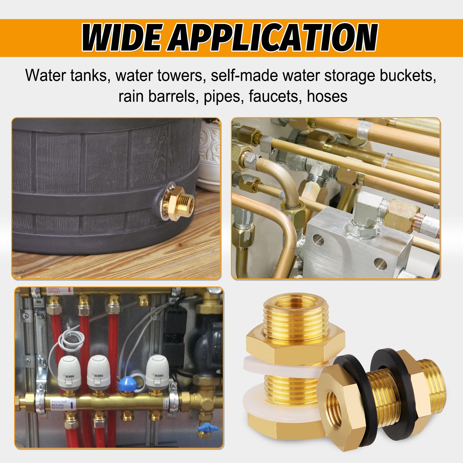 KOOTNAS 2-Pack Solid Brass Bulkhead Fittings, 1/4 NPT Taper Female 3/4" Straight Male Thread Brass Water Tank Connector with 4 Rubber Rings 4 Silicone Rings, for Tank Body, Wooden Barrels