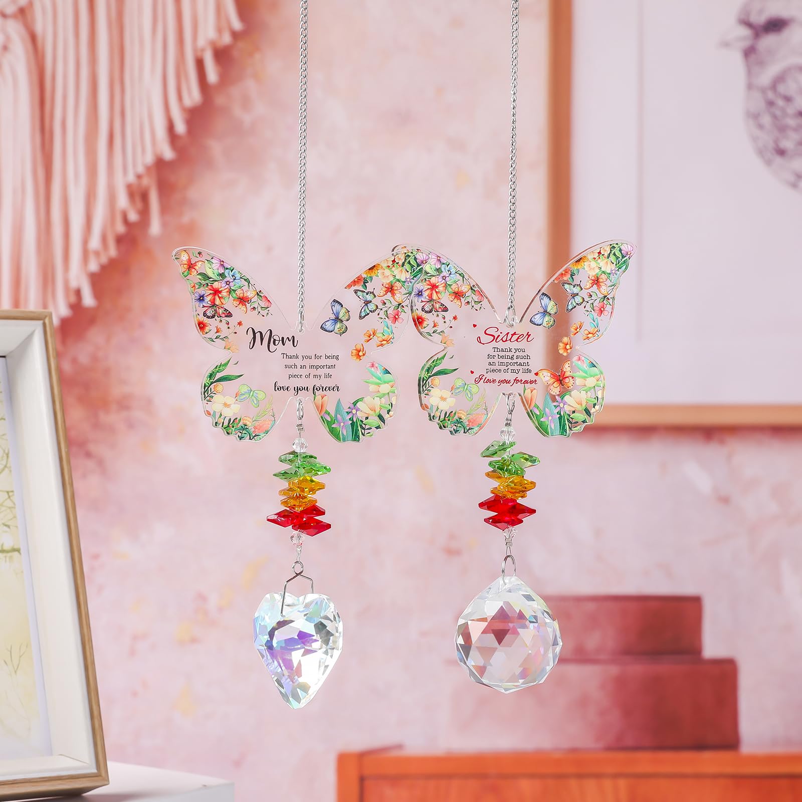 Yimofy Butterfly Crystal Sun Catcher with Grateful Message Sister Christmas Birthday Gifts from Sister Brother, Hanging Crystal Suncatcher Ornament Rainbow Maker for Window Garden Decor