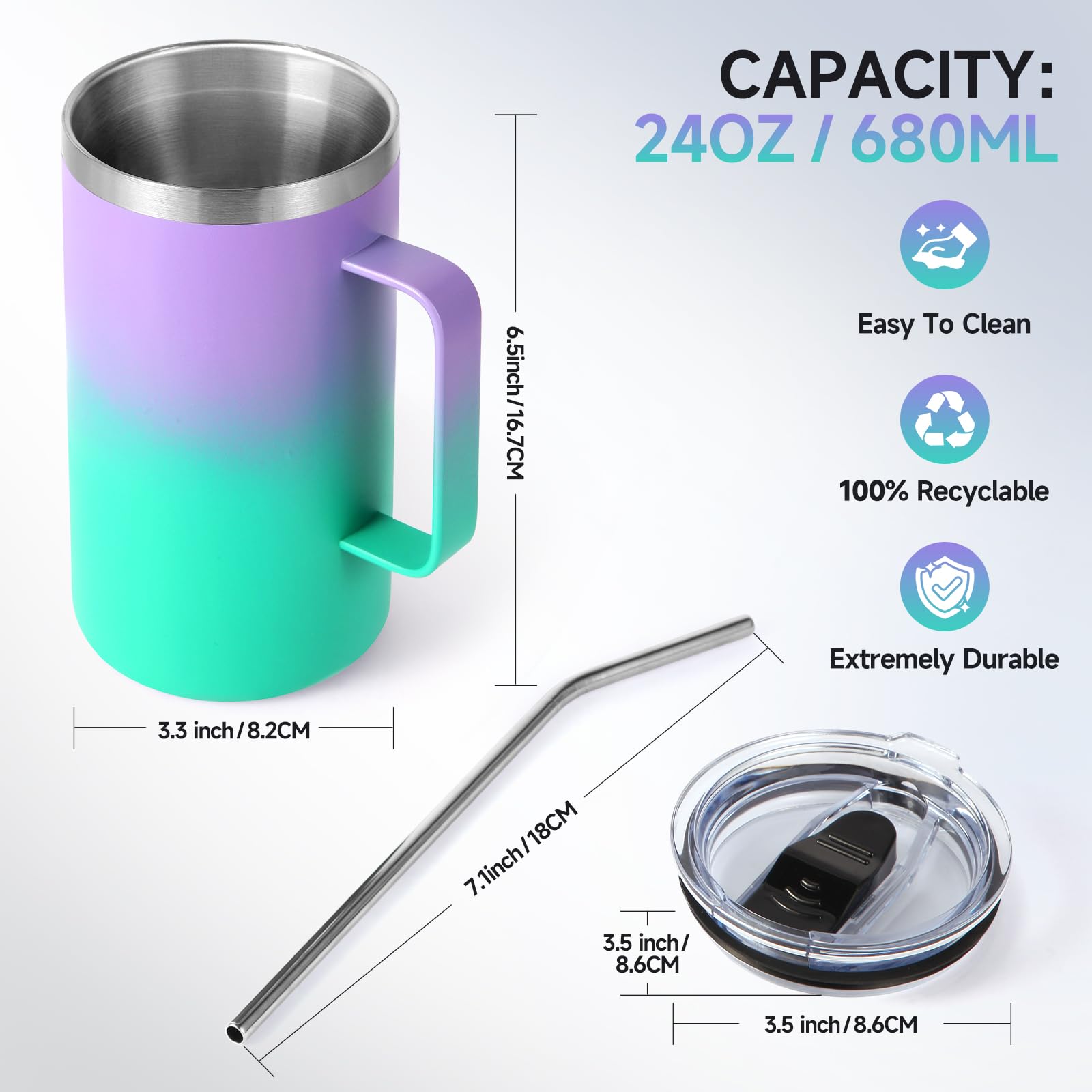 Volhoply 24 oz Insulated Coffee Mug with Lid and Straw, Stainless Steel Travel Mugs with Handle, Double Wall Vacuum Coffee Tumbler for Hot and Cold Drinks (Mixed,2 Pack)