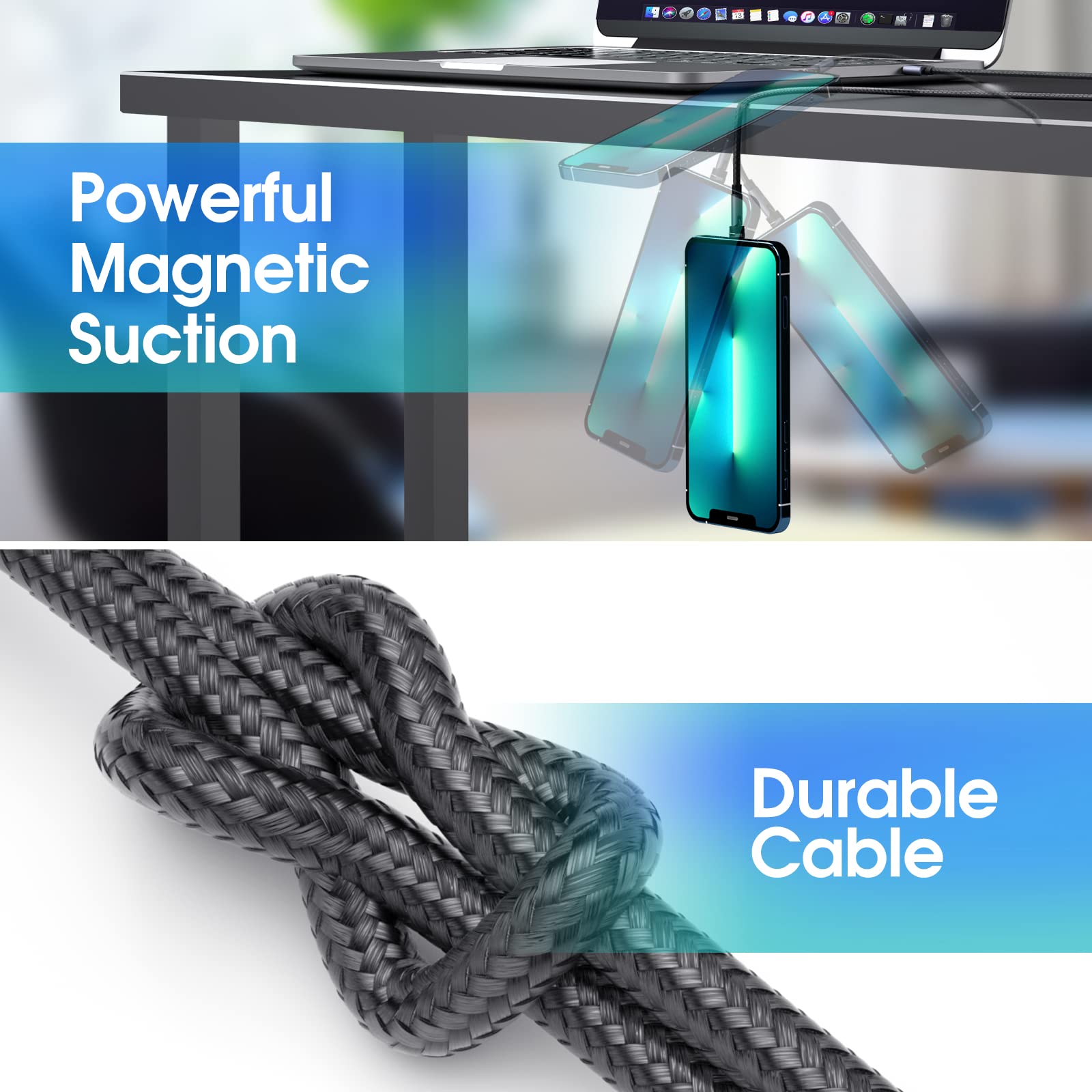 Magnetic Charging Cable, 540° Rotating Phone Charger [6-Pack, 3ft/3ft/3ft/6ft/6ft/10ft] 3 in 1 USB Cable Nylon Braided for iProduct/Micro USB/Type C Device