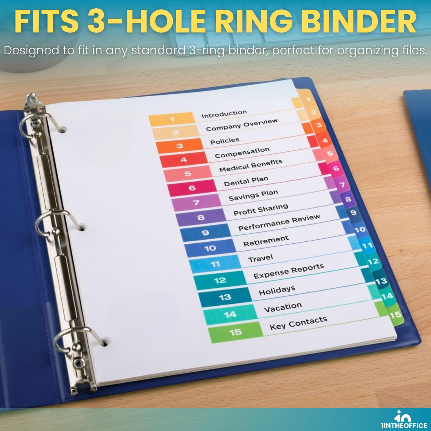 1InTheOffice 15 Tab Dividers for 3 Ring Binders, Table of Contents, 8.5" x 11", Multicolor Tabs, 6 Pack