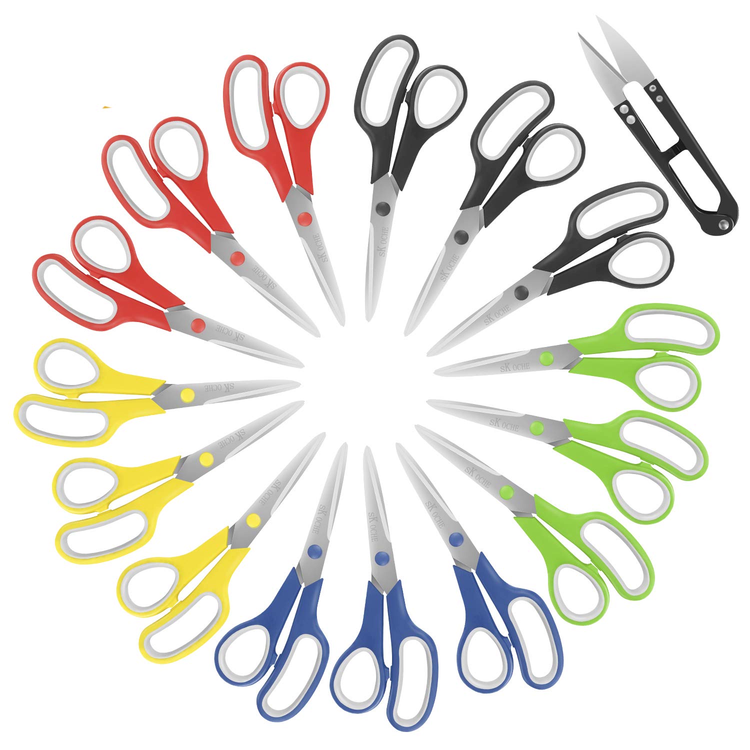 SKOCHE Heavy-Duty Multipurpose Scissors, 15 Pack 8-Inch & 1 Pack 4.1-Inch Sewing Scissors, Ultra Sharp Stainless Steel Blades, Comfort-Grip Handles, Ambidextrous