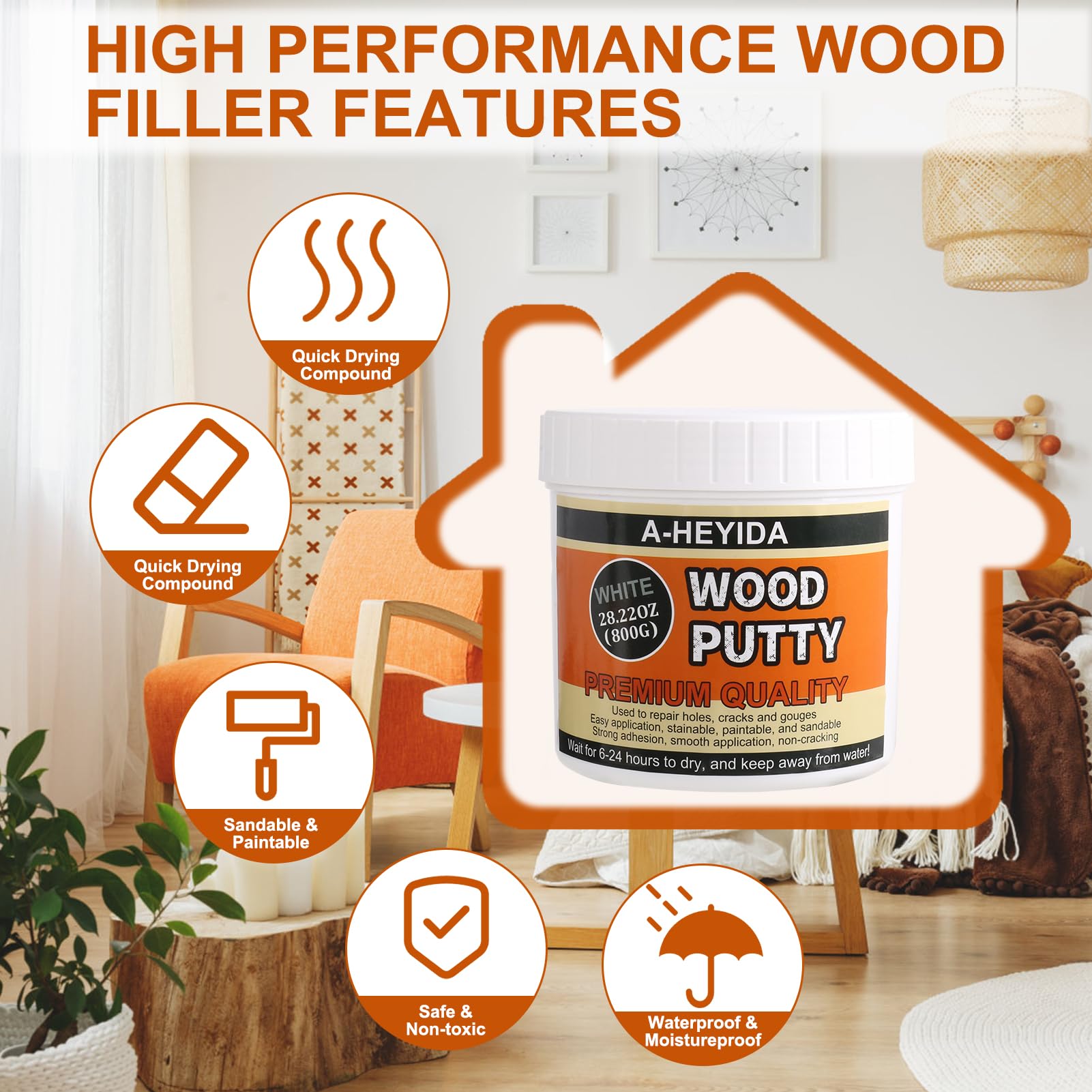 A-HEYIDA Wood Filler - White Wood Putty for Trim, 9.87 Ounce Wood Filler Repair Putty Paintable & Stainable, Restore Wood Cracks and Holes on Laminate Hardwood Vinyl Floor Furniture