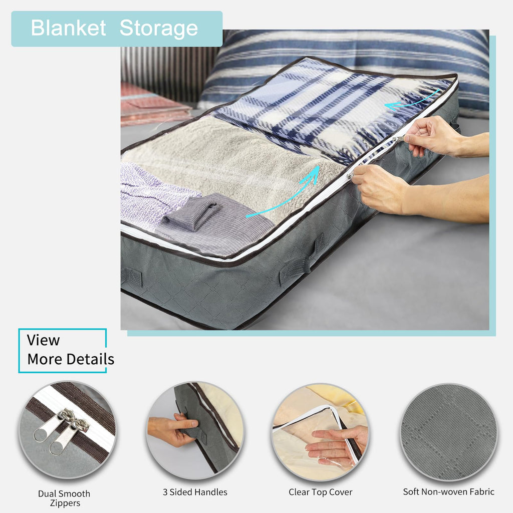 Under Bed Storage Bags, 4 Pack 100L Underbed Storage Bins with Reinforced Handles, Non-woven Clothes Organizer Soft Containers for Blanket, Pillows, Comforters, Sheets and Wrapping Paper